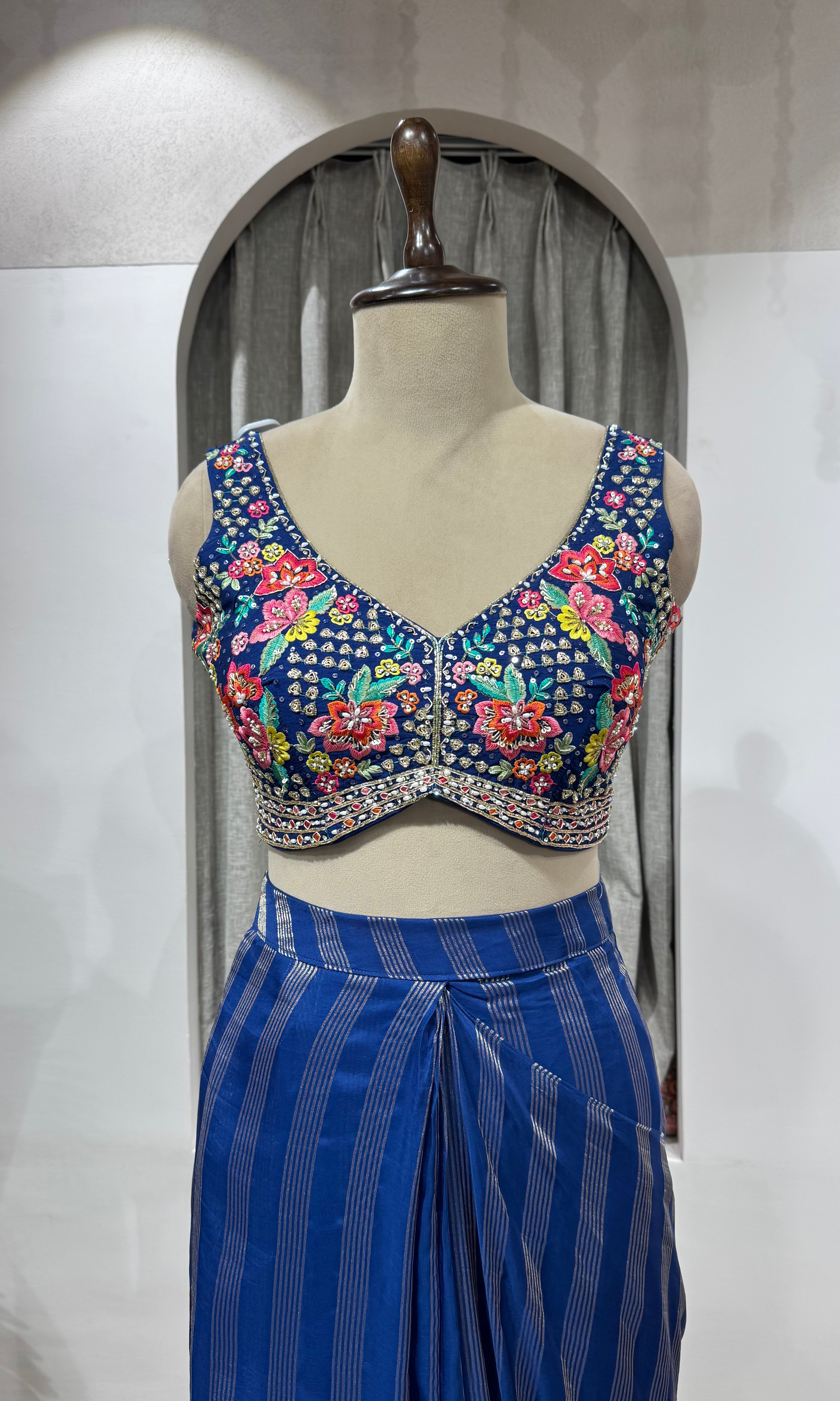 blue and silver striped Drape saree with intricate blouse
