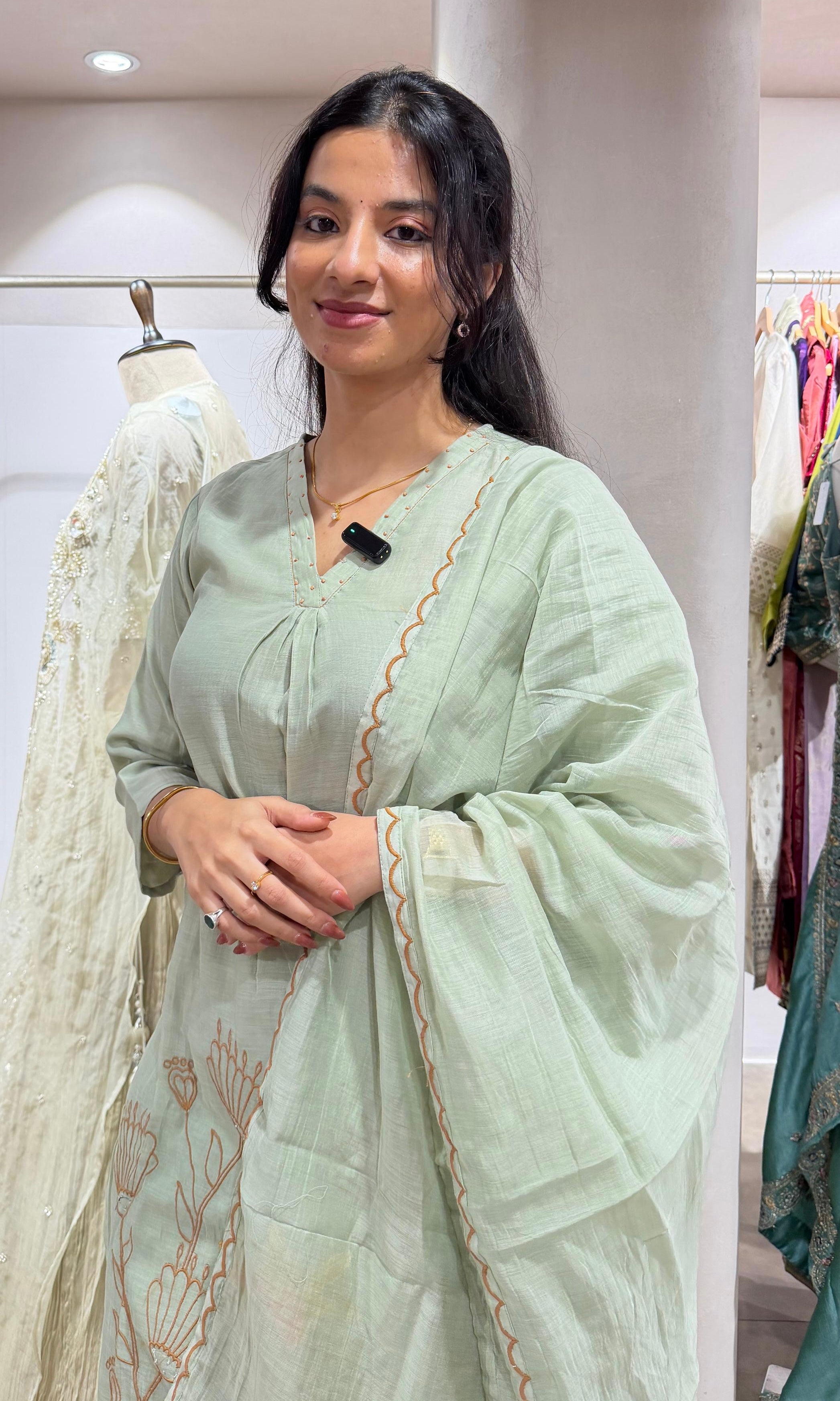 Pista green Floral Embroidered KURTA SET
