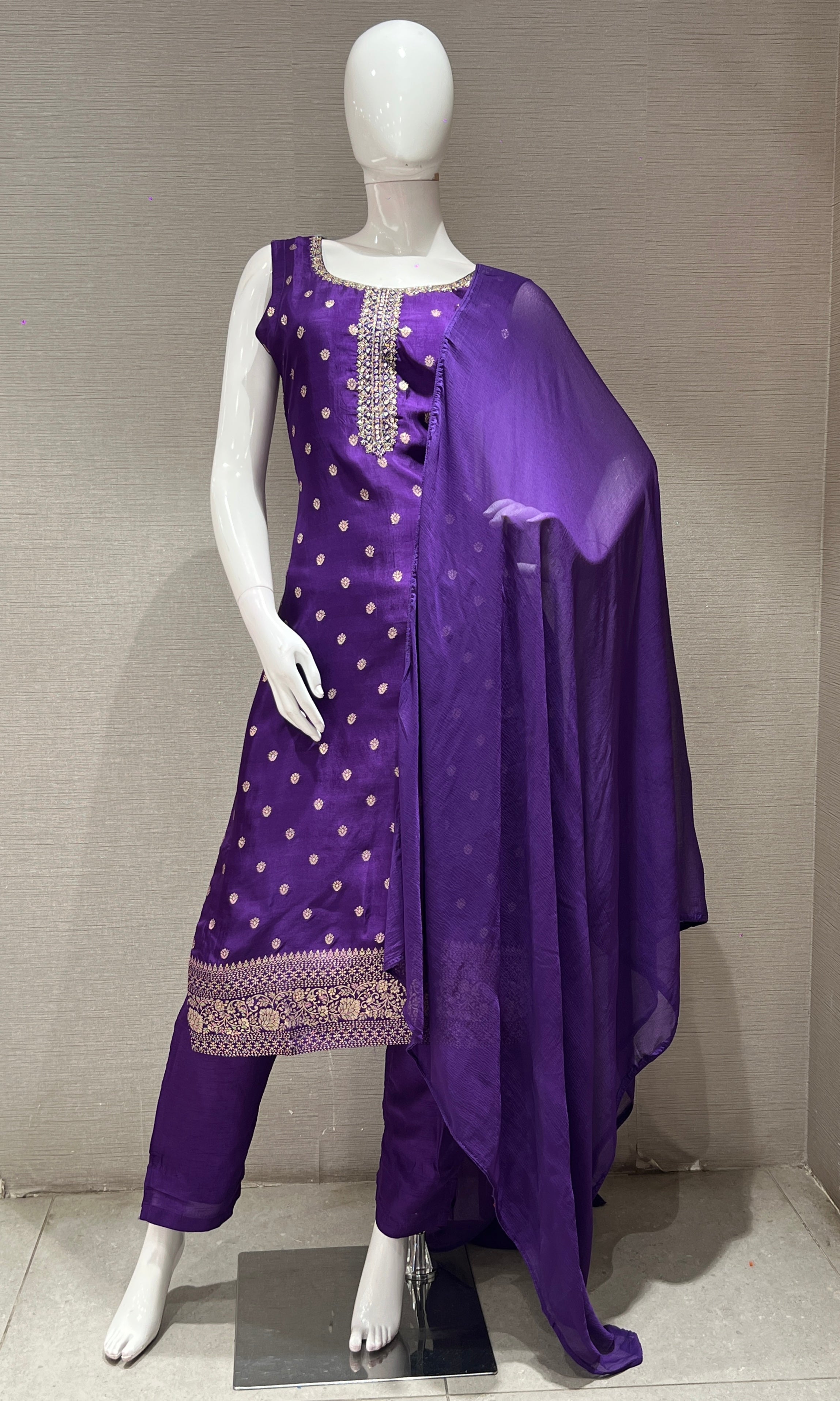 purple embroidered kurta set with dupatta