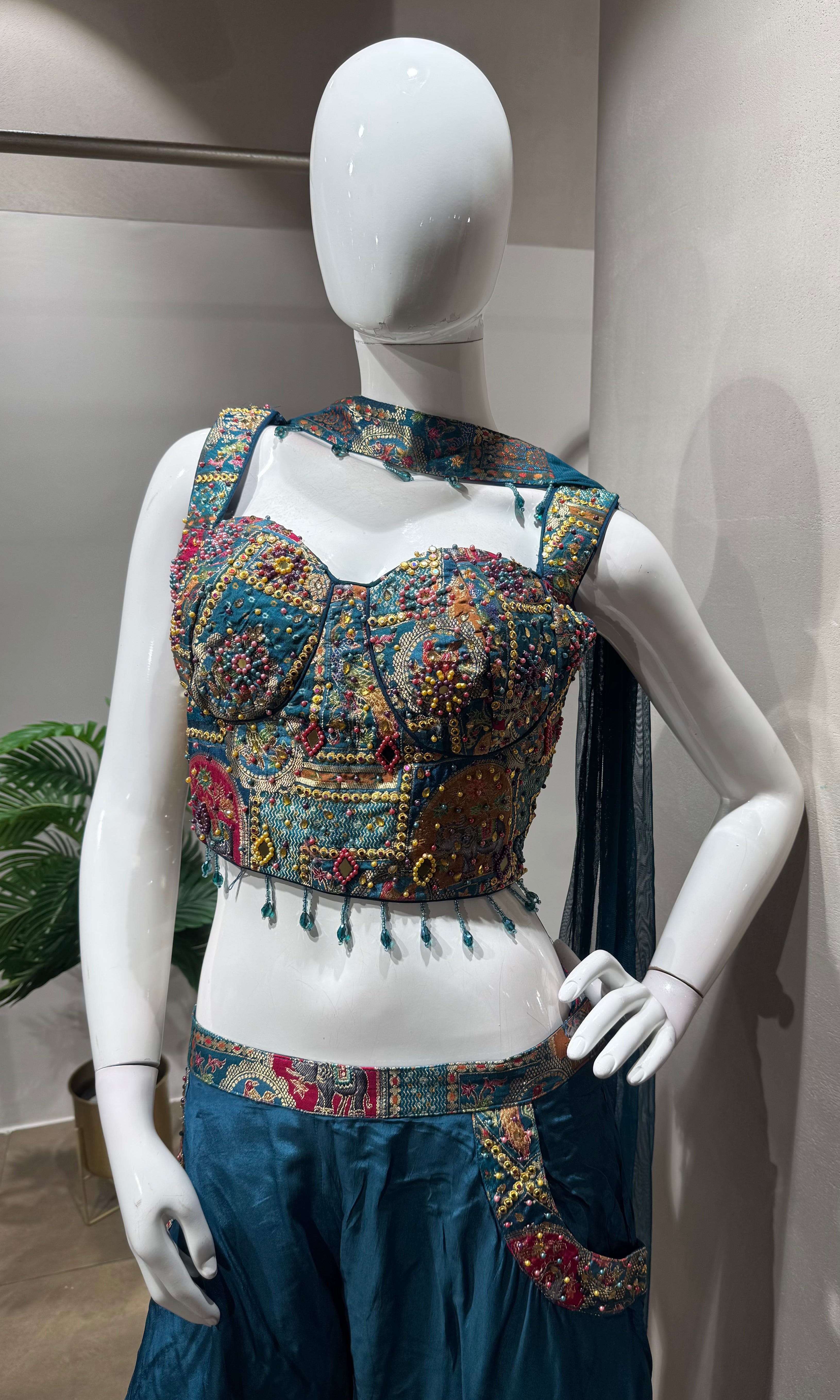 Blue Embellished Crop Top and Palazzo Pant