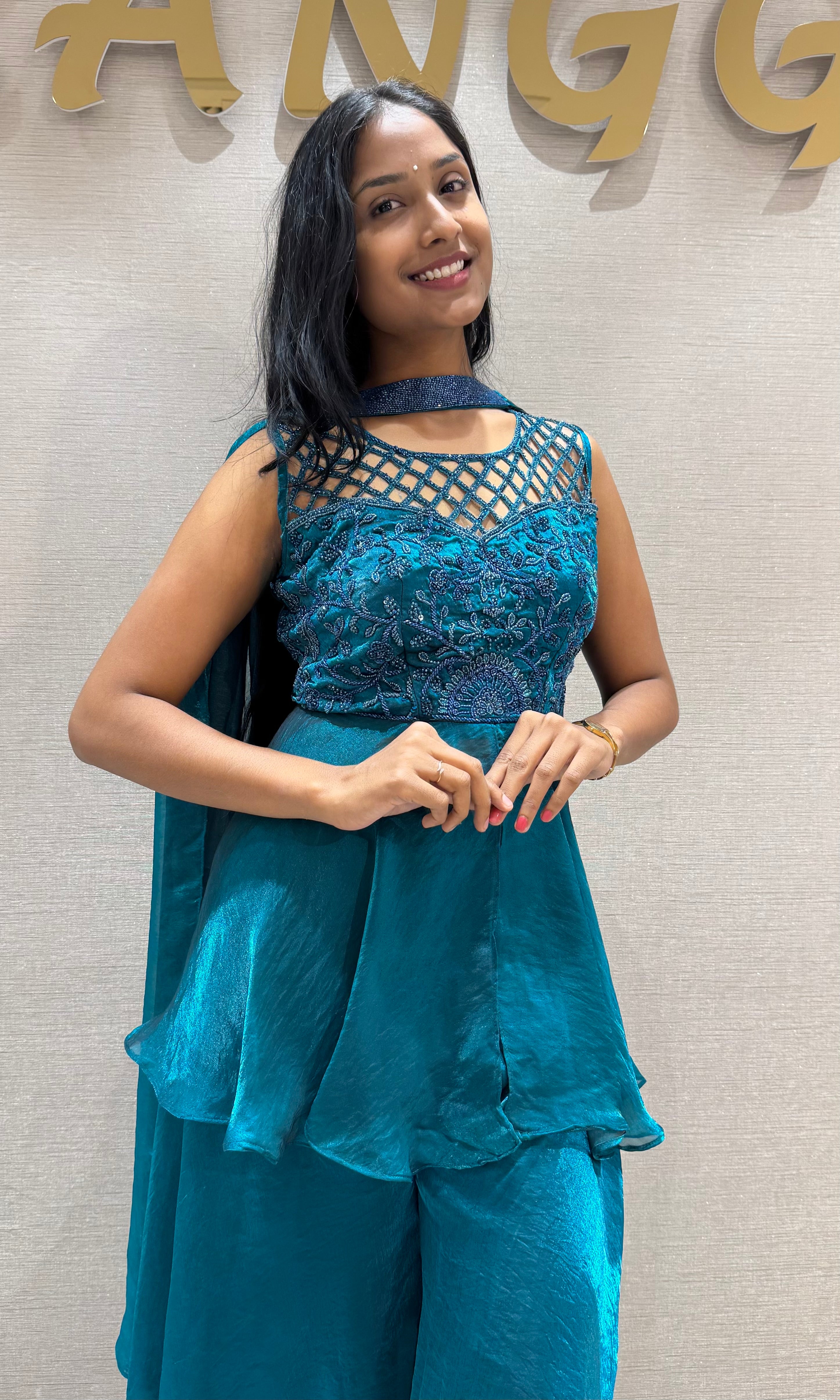 Rama Blue Georgette Peplum Palazzo Set