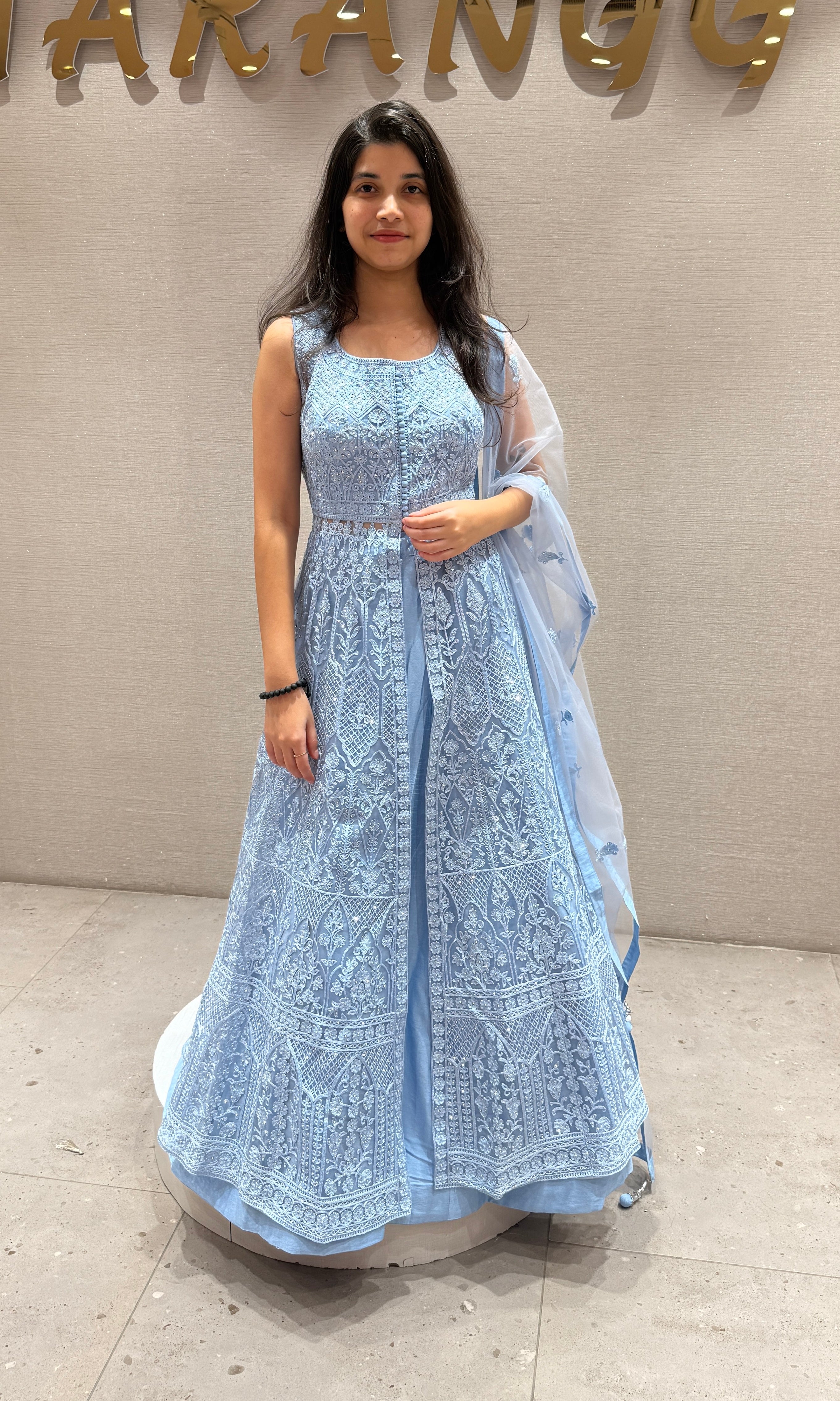Sea blue EMBROIDERED front slit Anarkali