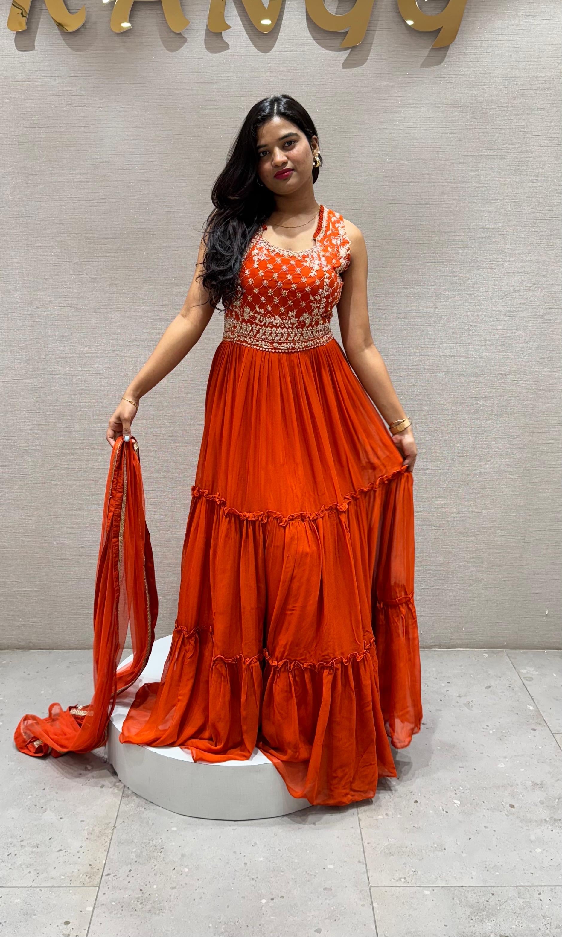 Orange RUFFLE ANARKALI LONG dress