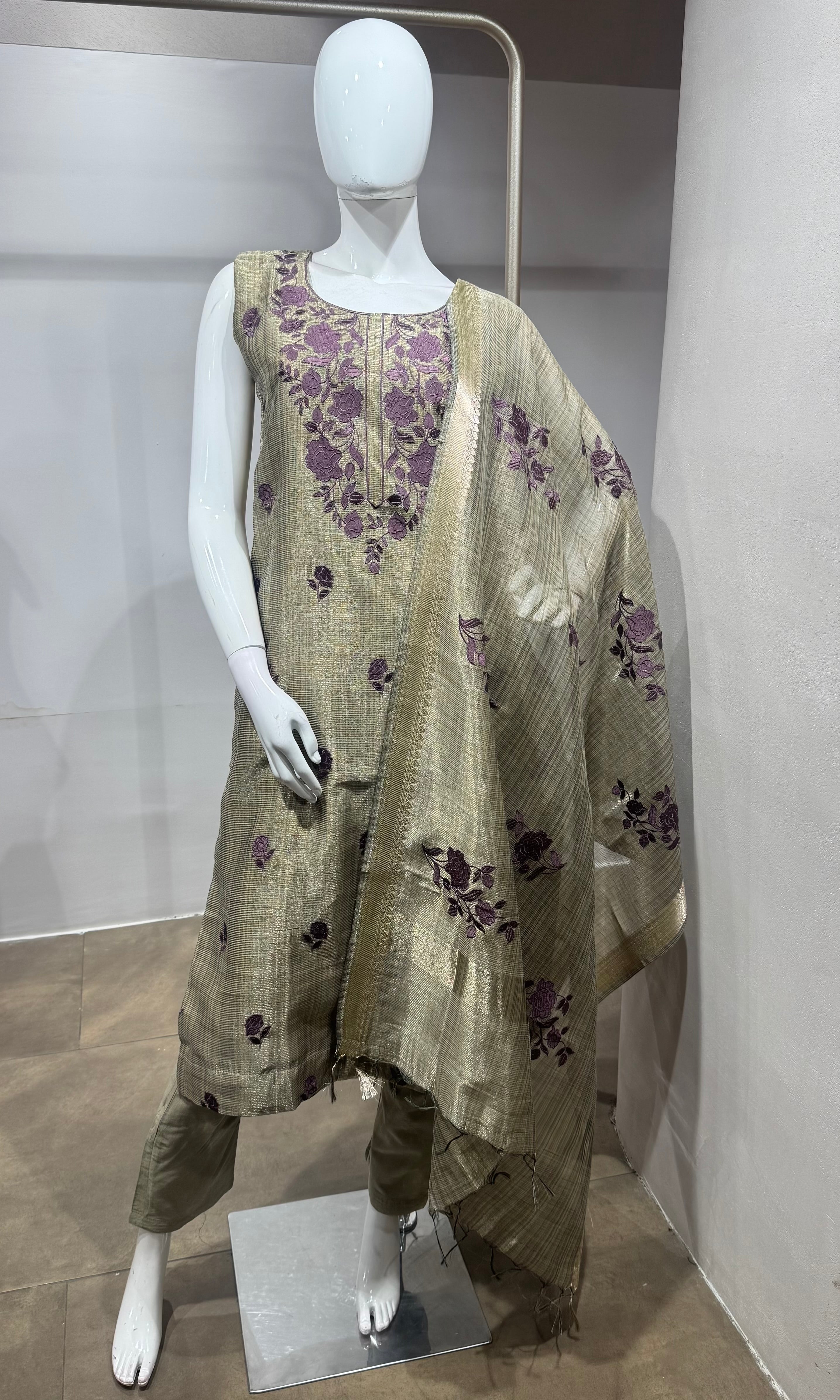 Gold & Purple Embroidered Kurta Set