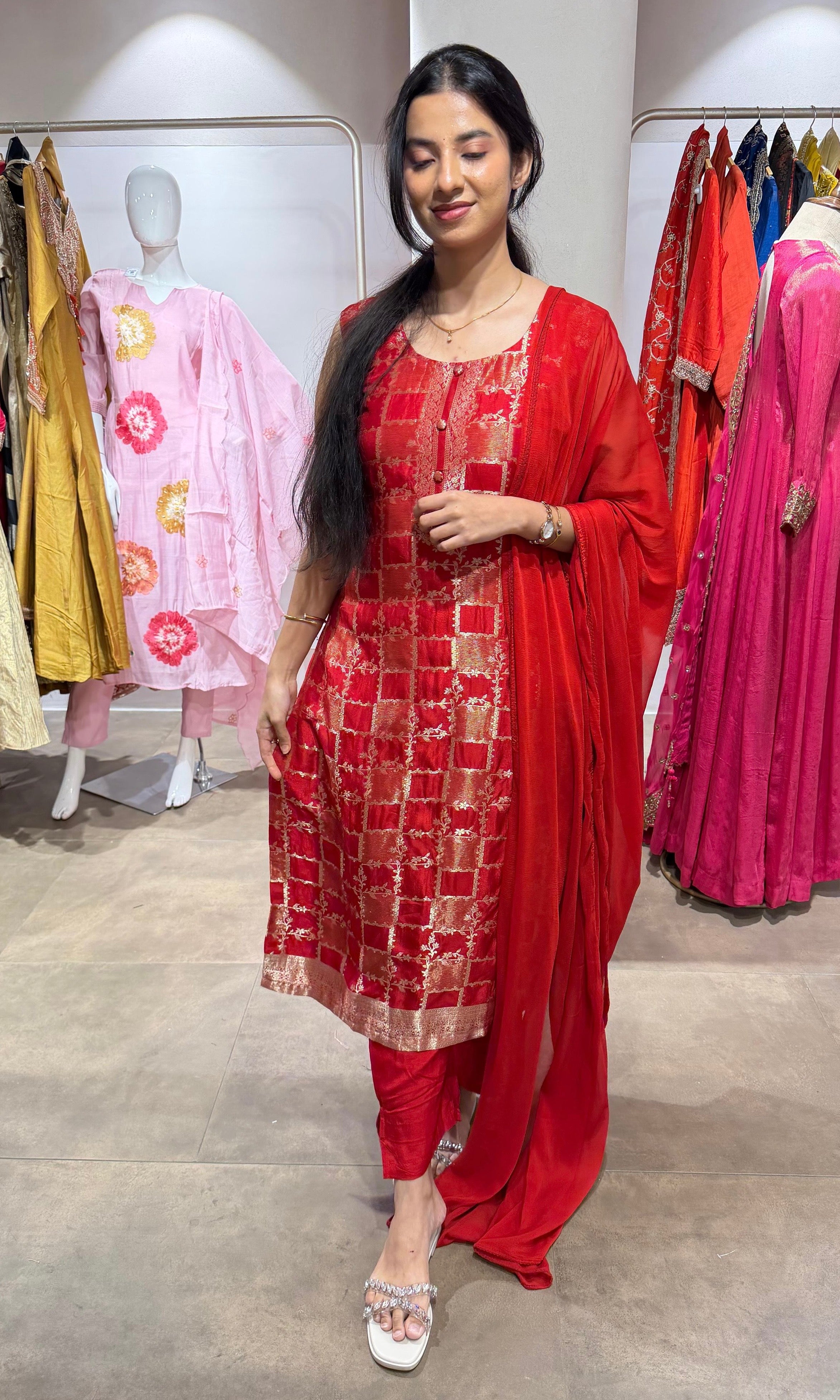 red Silk Embroidered Zari Kurta Set