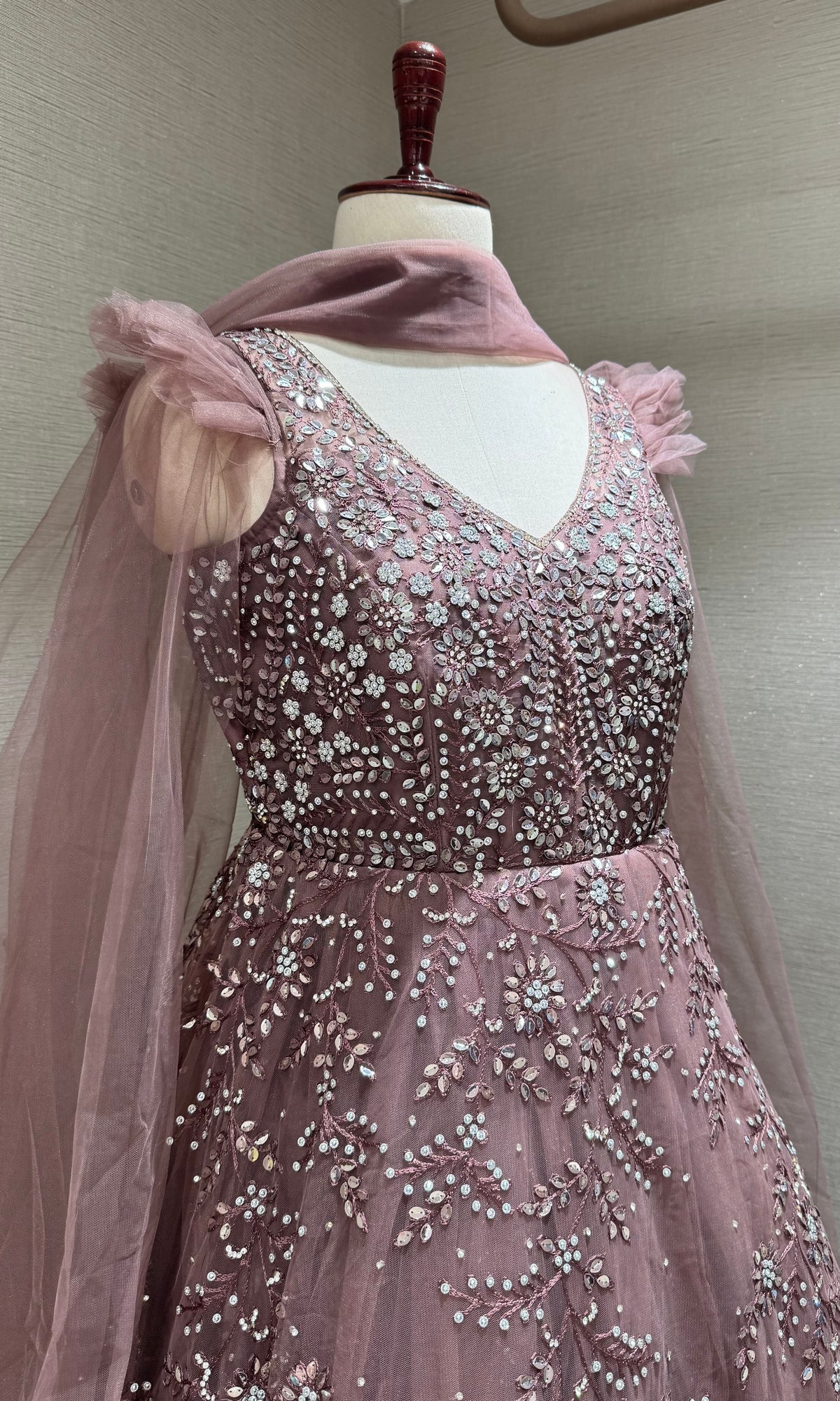Mauve Ethereal Rose Tulle Gown with Matching Dupatta