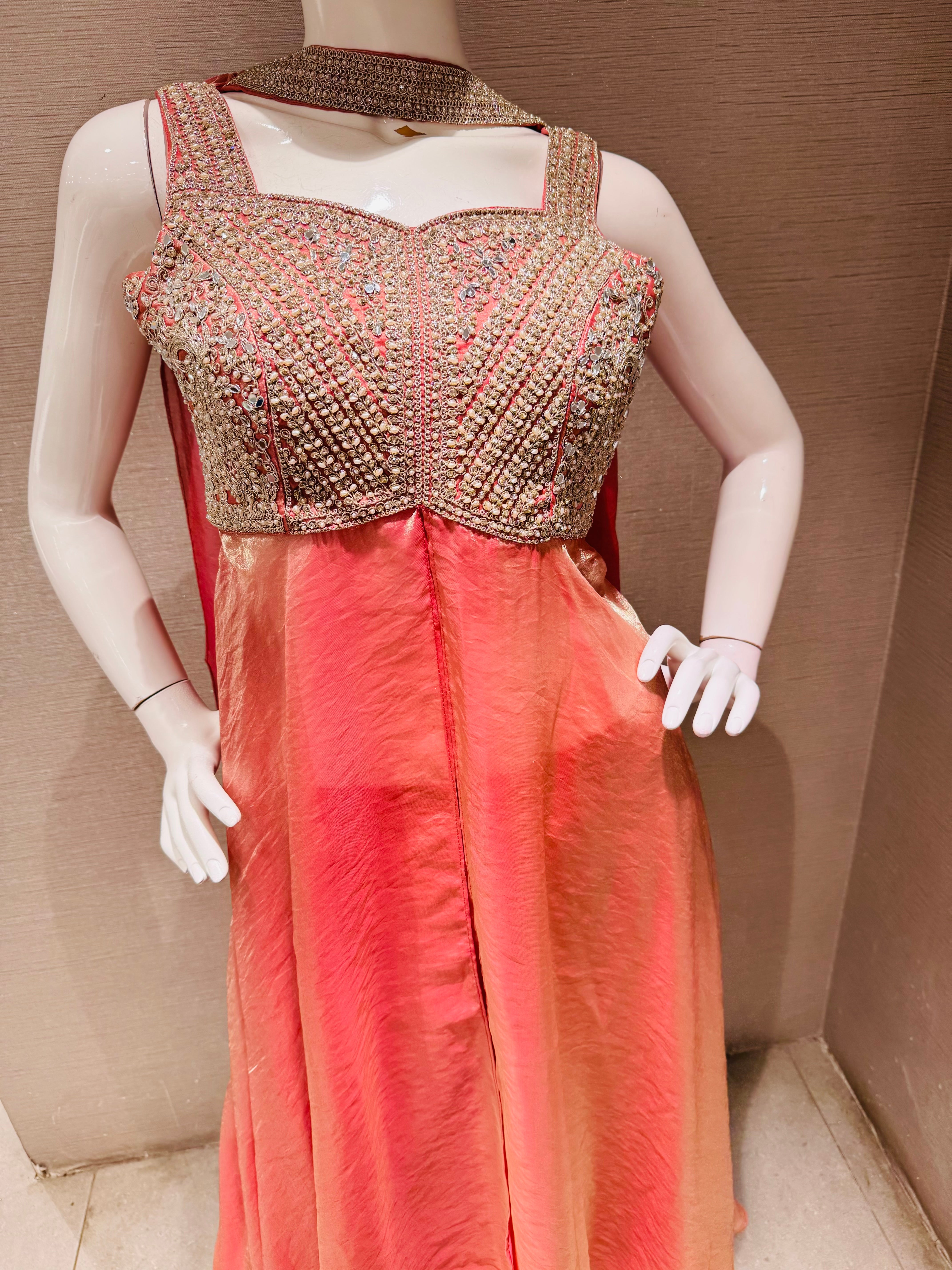 Rust shimmer tissue embroidered palazzo set