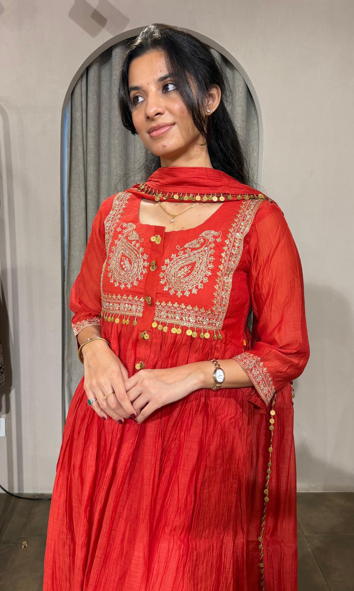 RUST MUL CHANDERI KURTA SET WITH DUPATTA