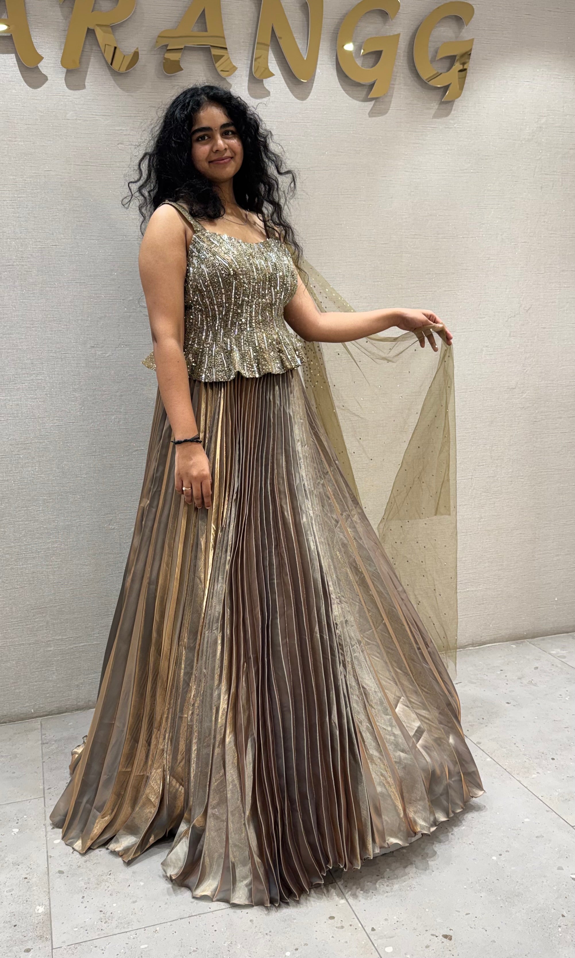 Green Golden peplum gown with cape