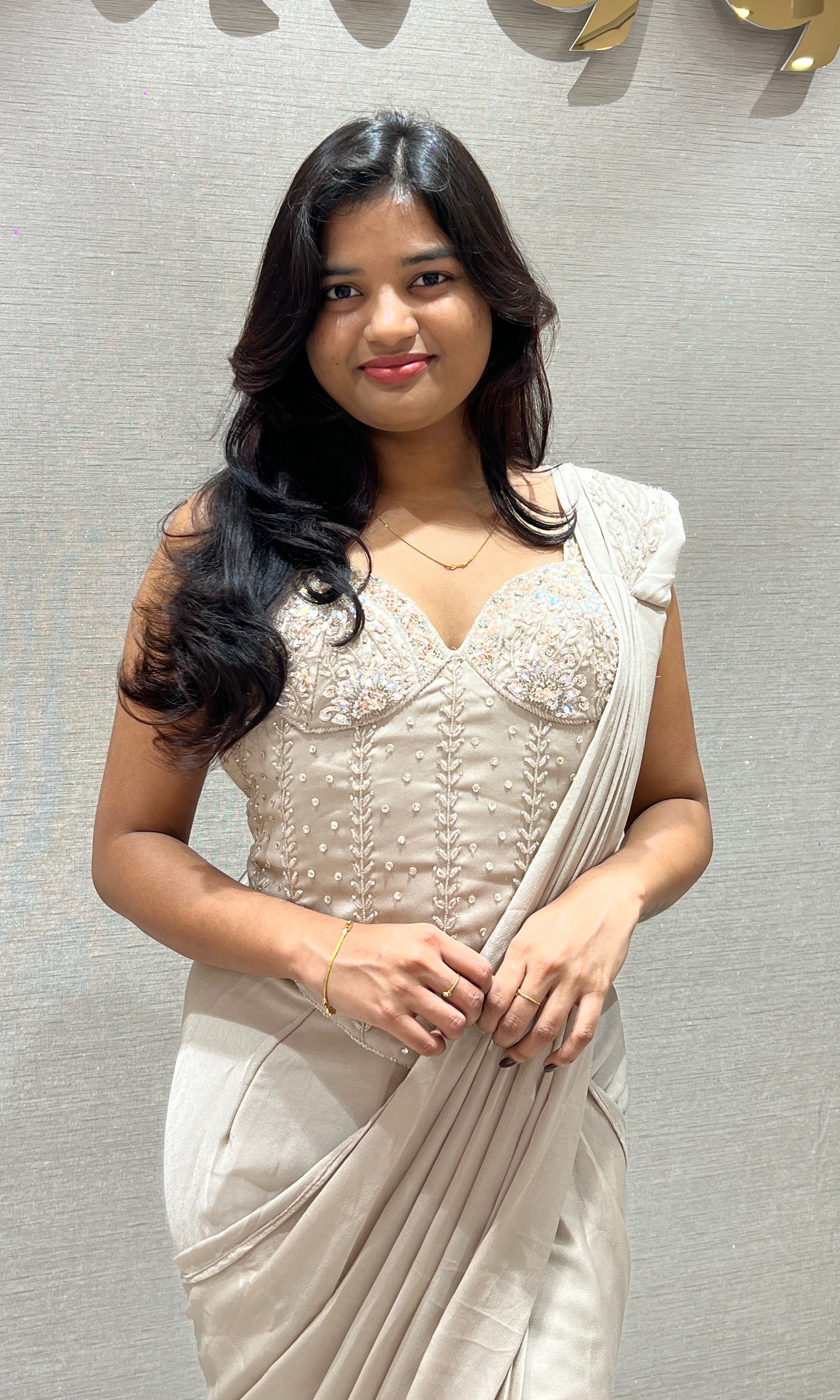 Beigh Drape Saree with Embroidered Corset Top