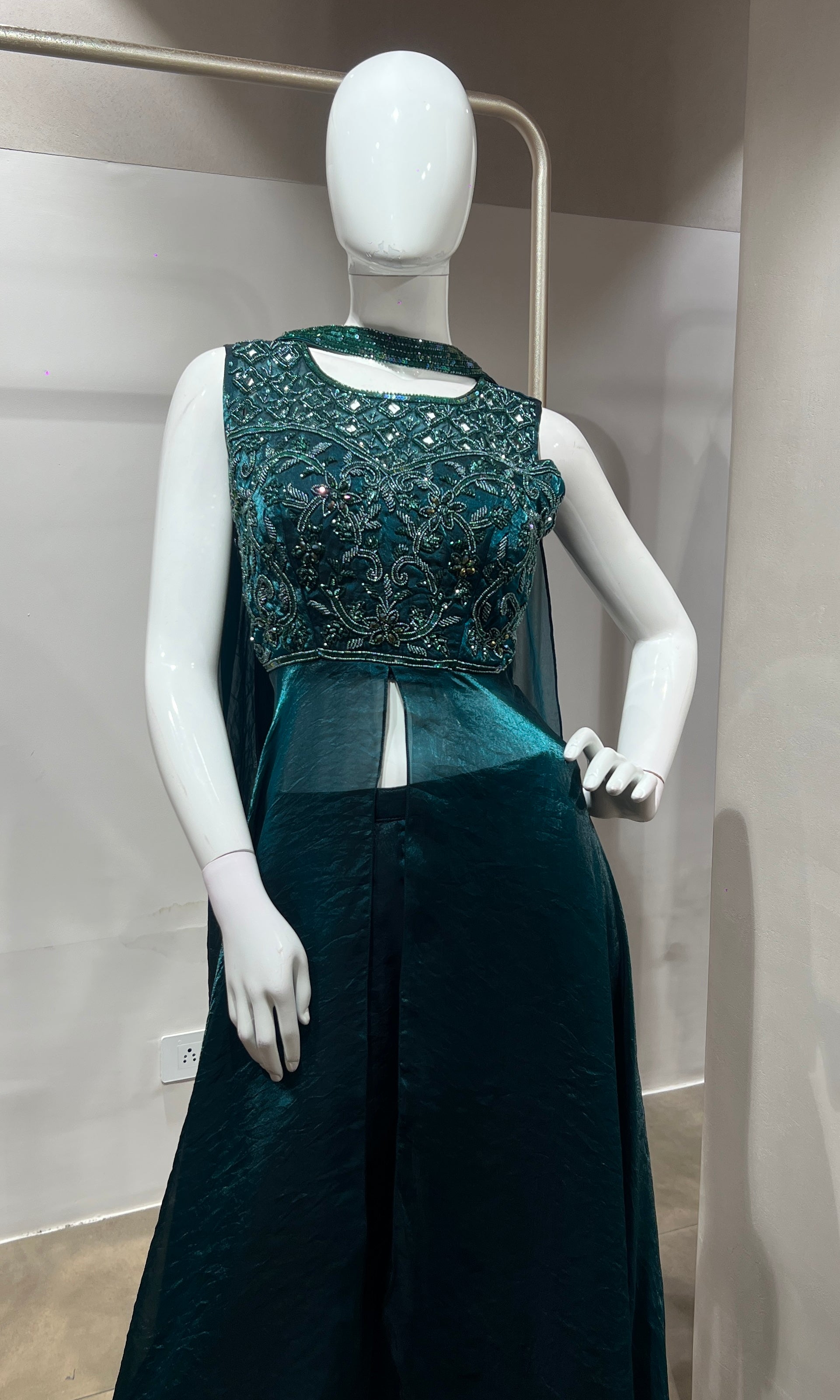 Green front slit layered palazzo set
