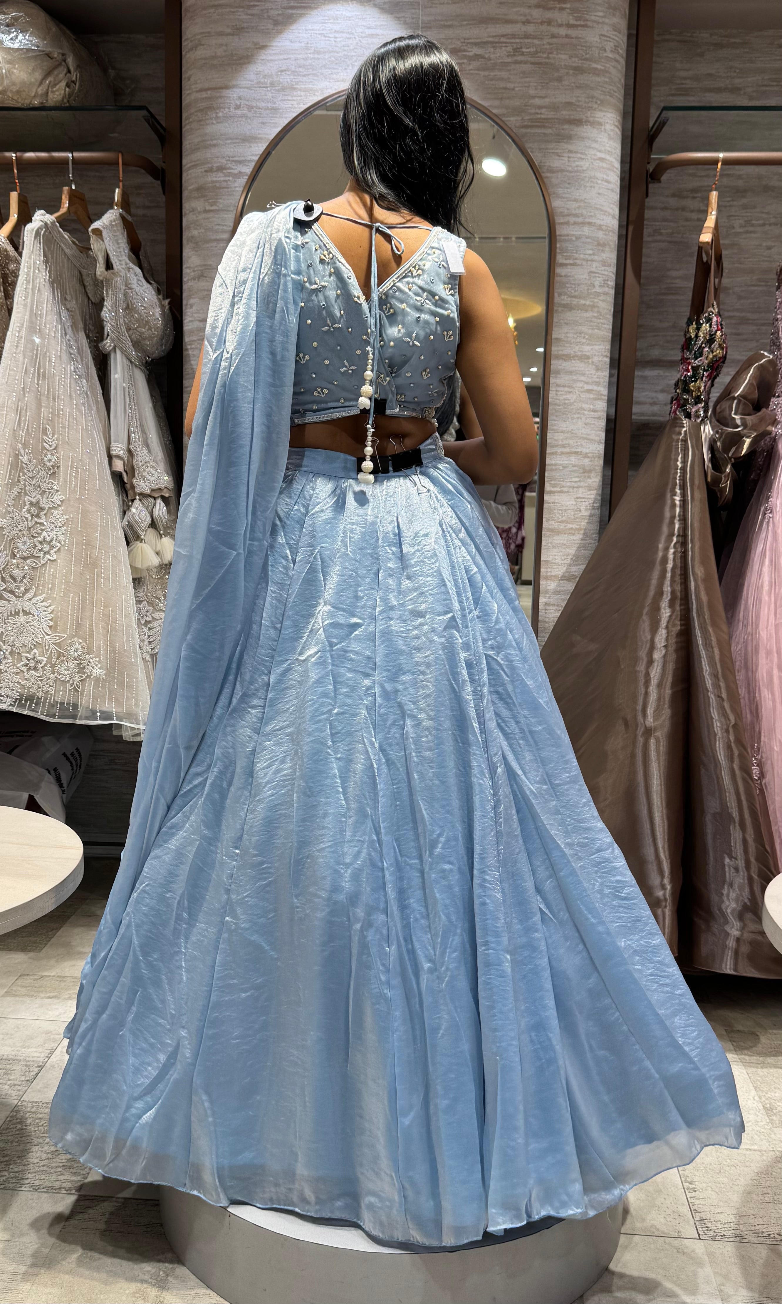 sea Blue Organza Bead Embroidered Lehenga