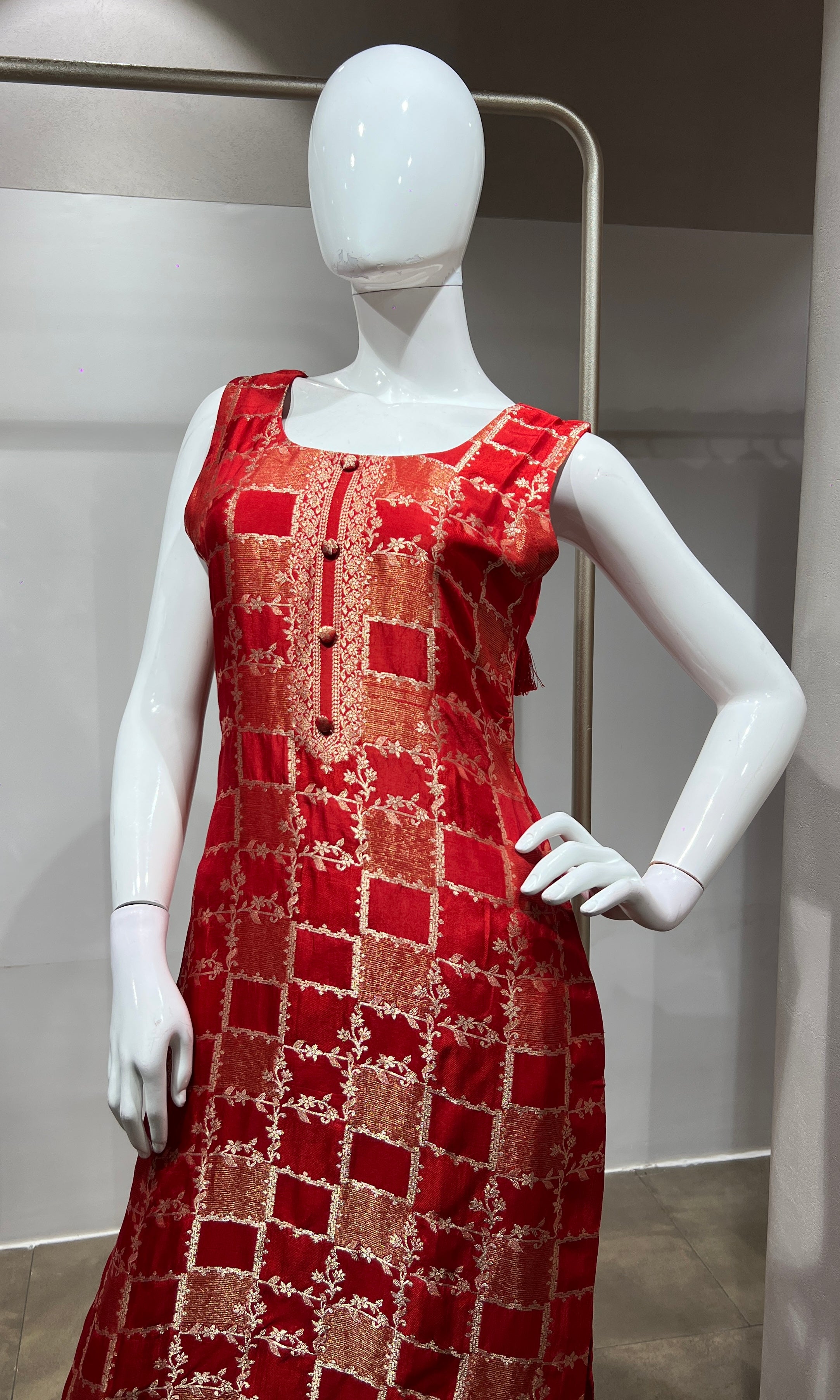 red Silk Embroidered Zari Kurta Set
