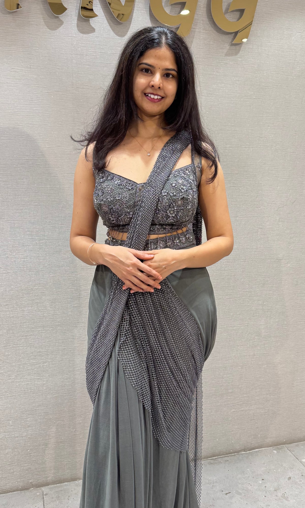 Metallic Grey Silk Sequined Fusion Sheer Drape Saree