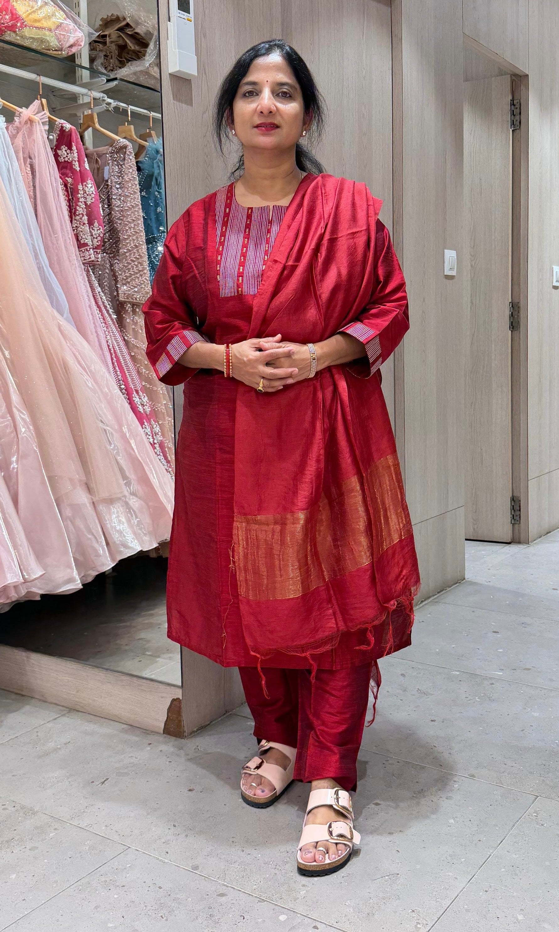Maroon Silk Straight Kurta Set with Dupatta