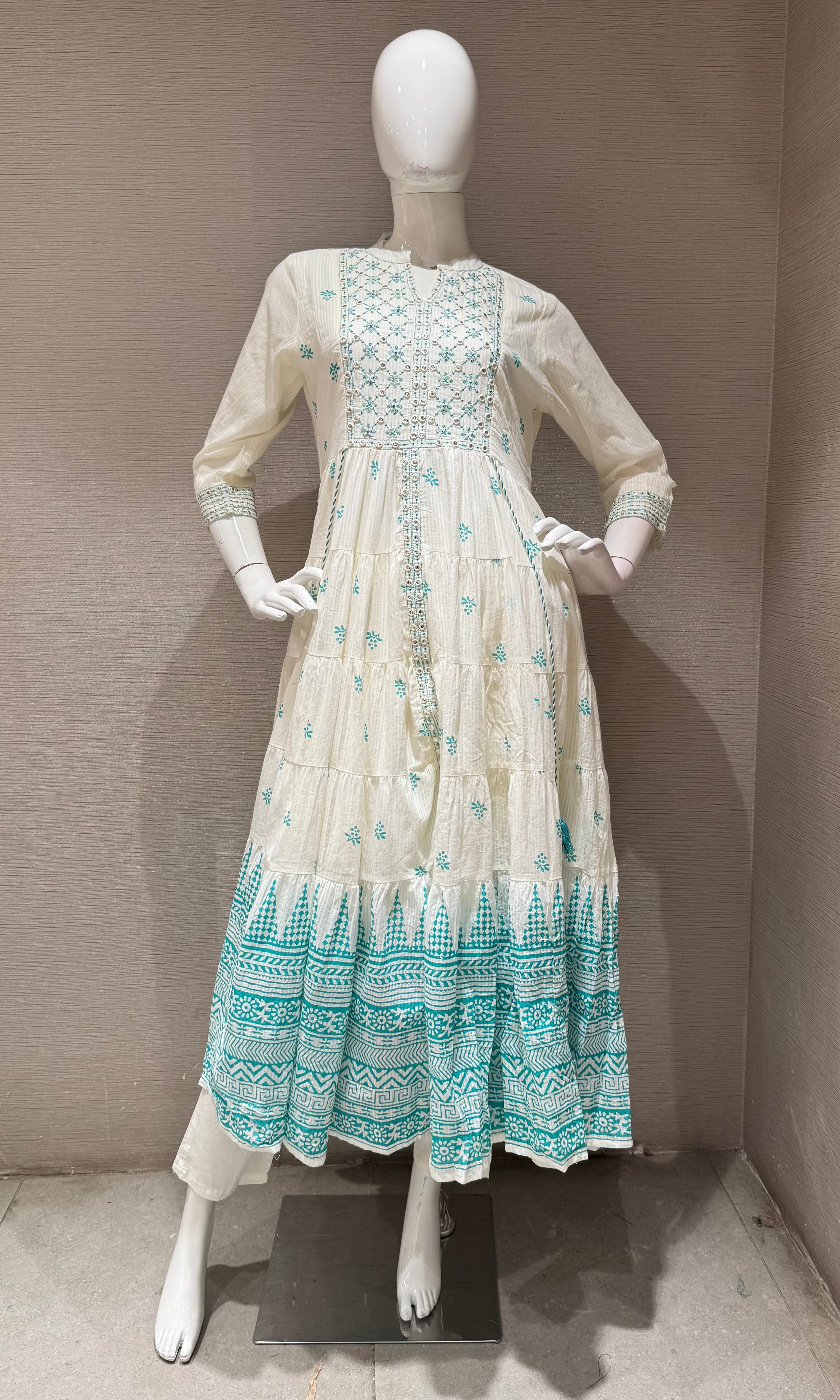 Sea Blue printed anarkali kurta set with dupatta