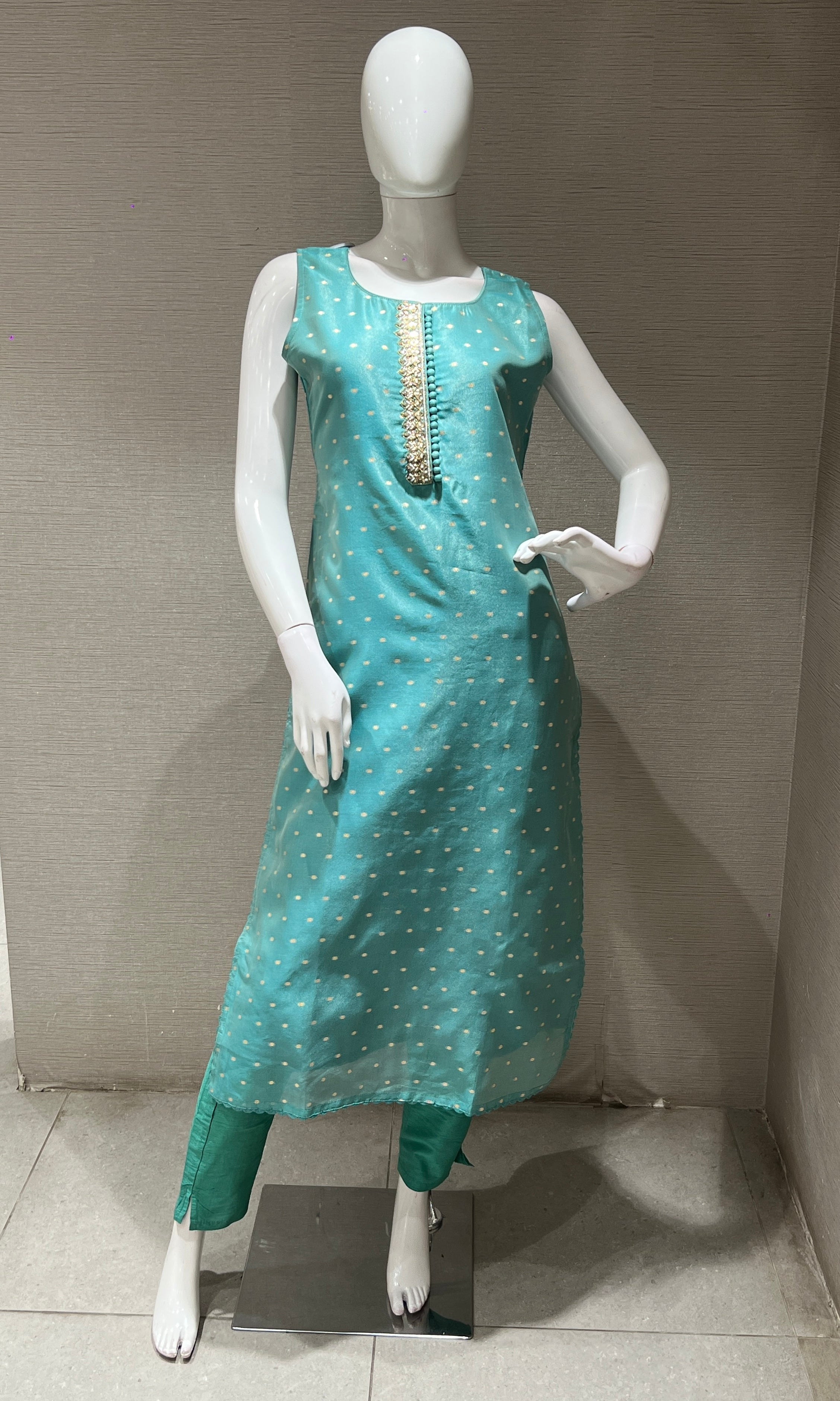 Sea green kurta set with striped dupatta