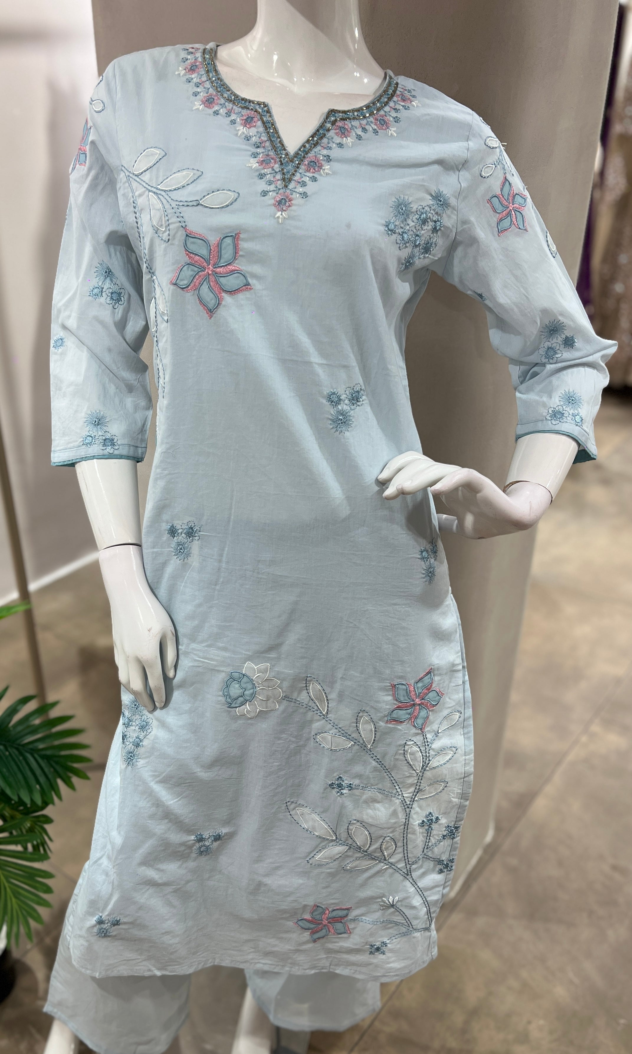 BLUE FLORAL MOTIFS COTTON KURTA SET