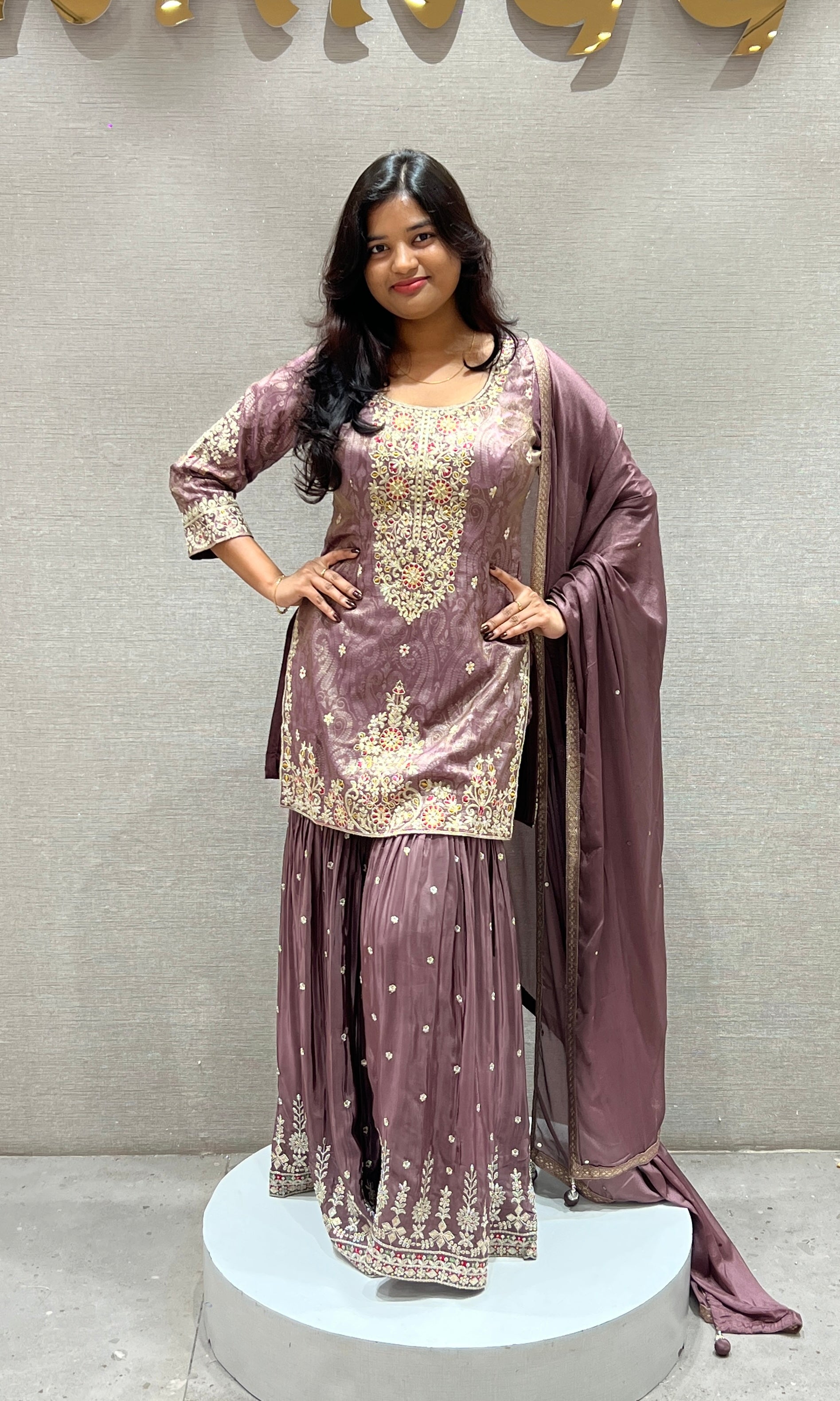 Purple Sharara Set with Golden Embroidery