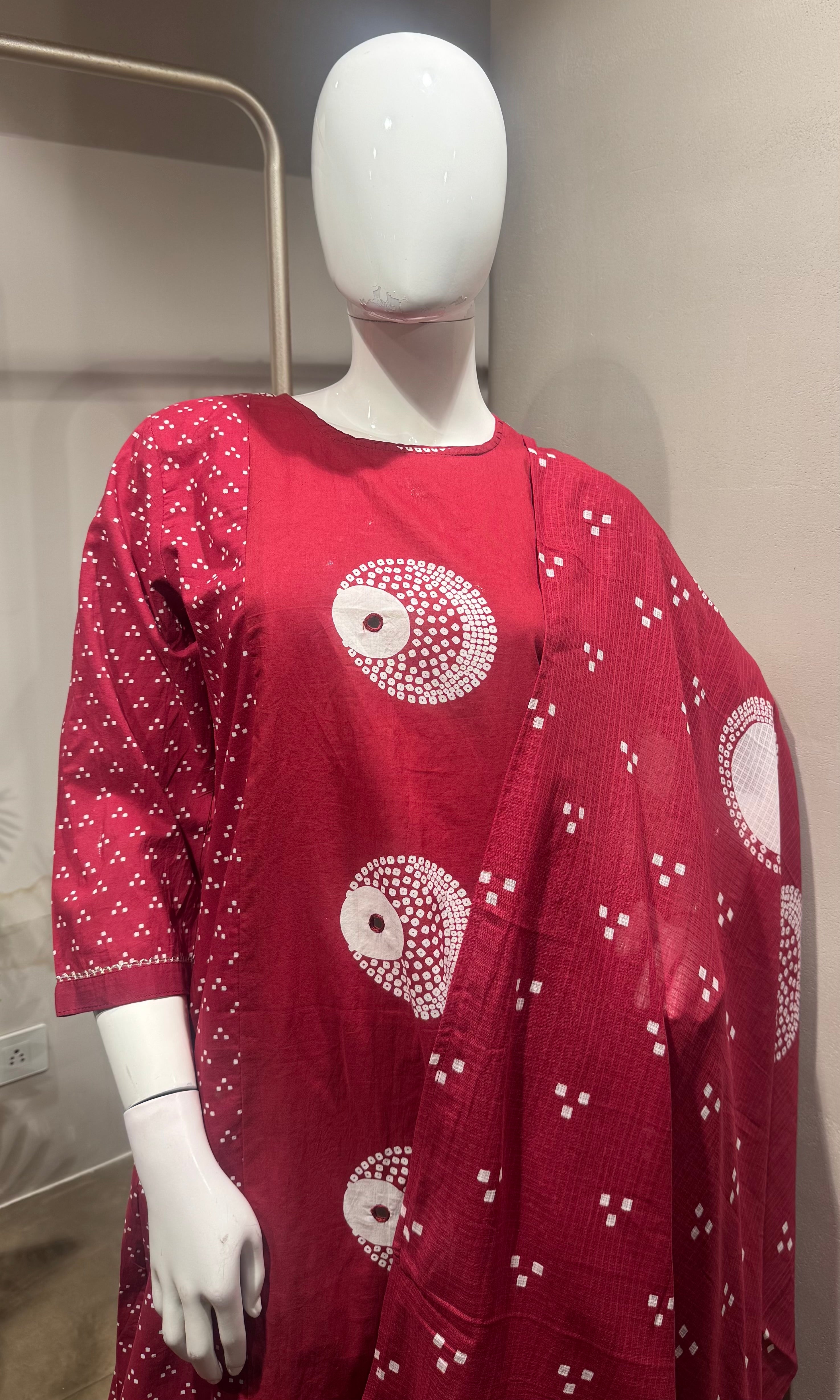 Red Cotton Bandhani Printed Kurta Set