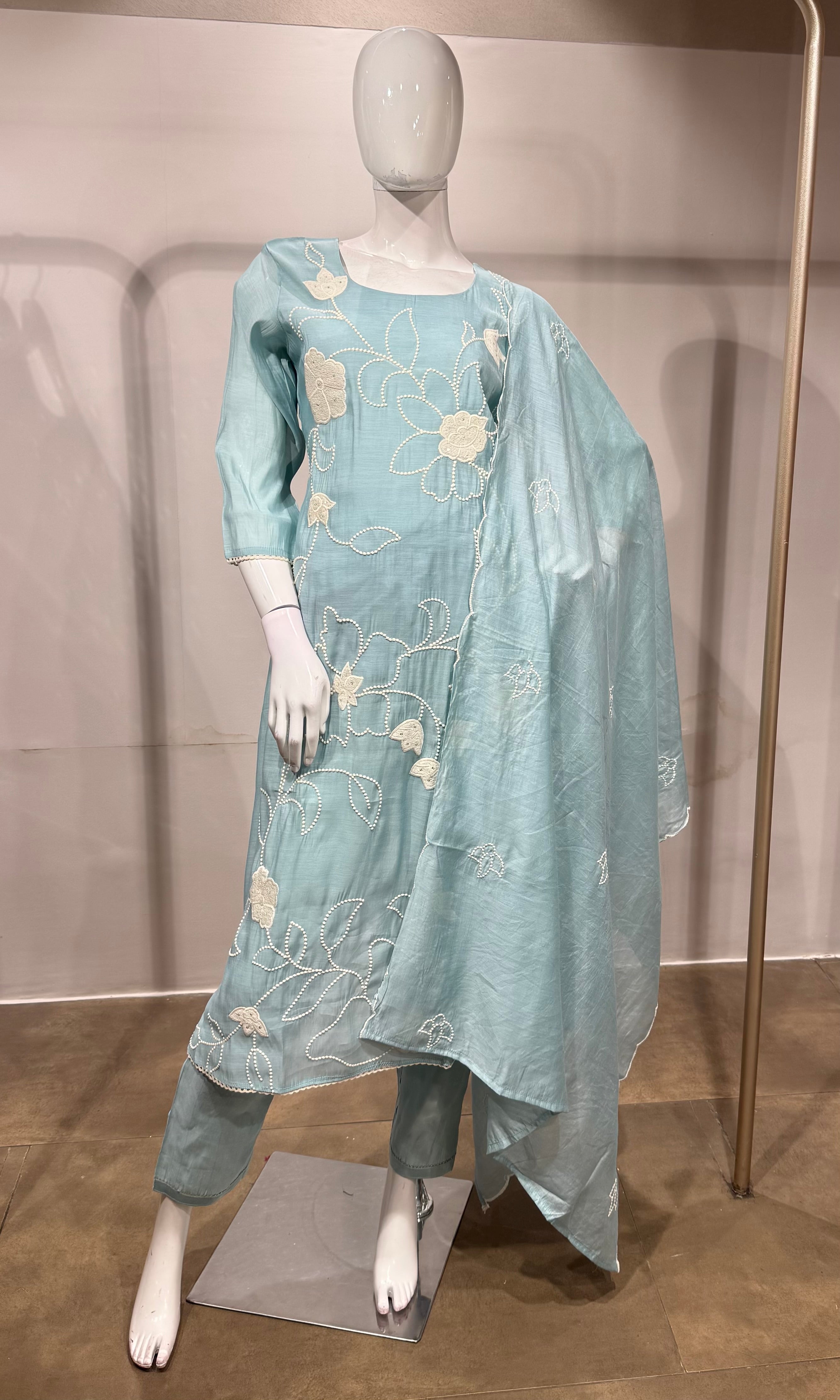 Sky Blue Embroidered Straight Kurta with Dupatta