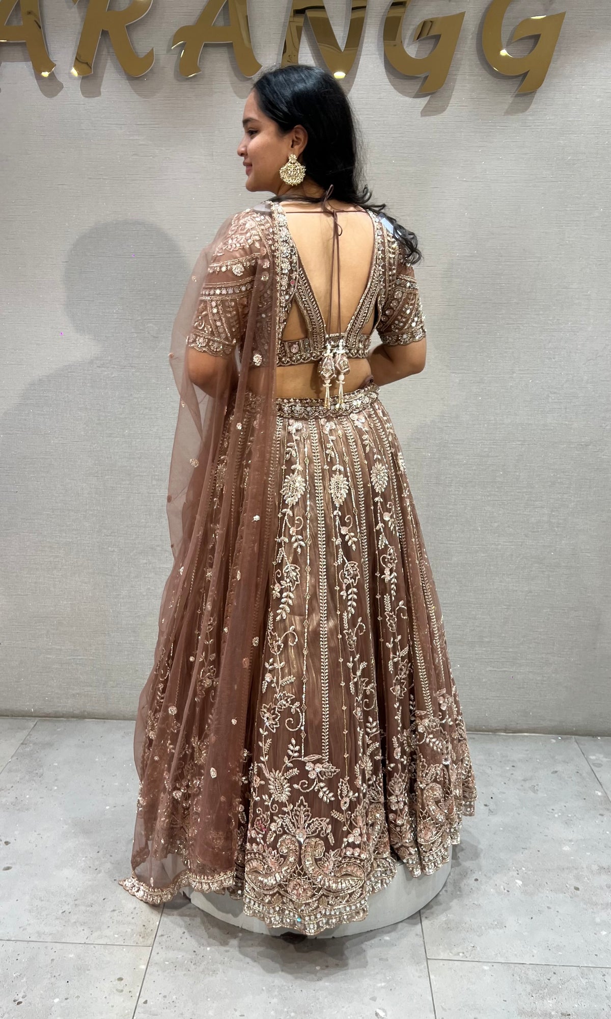 Mocha Brown Embellished Net Lehenga Choli Set