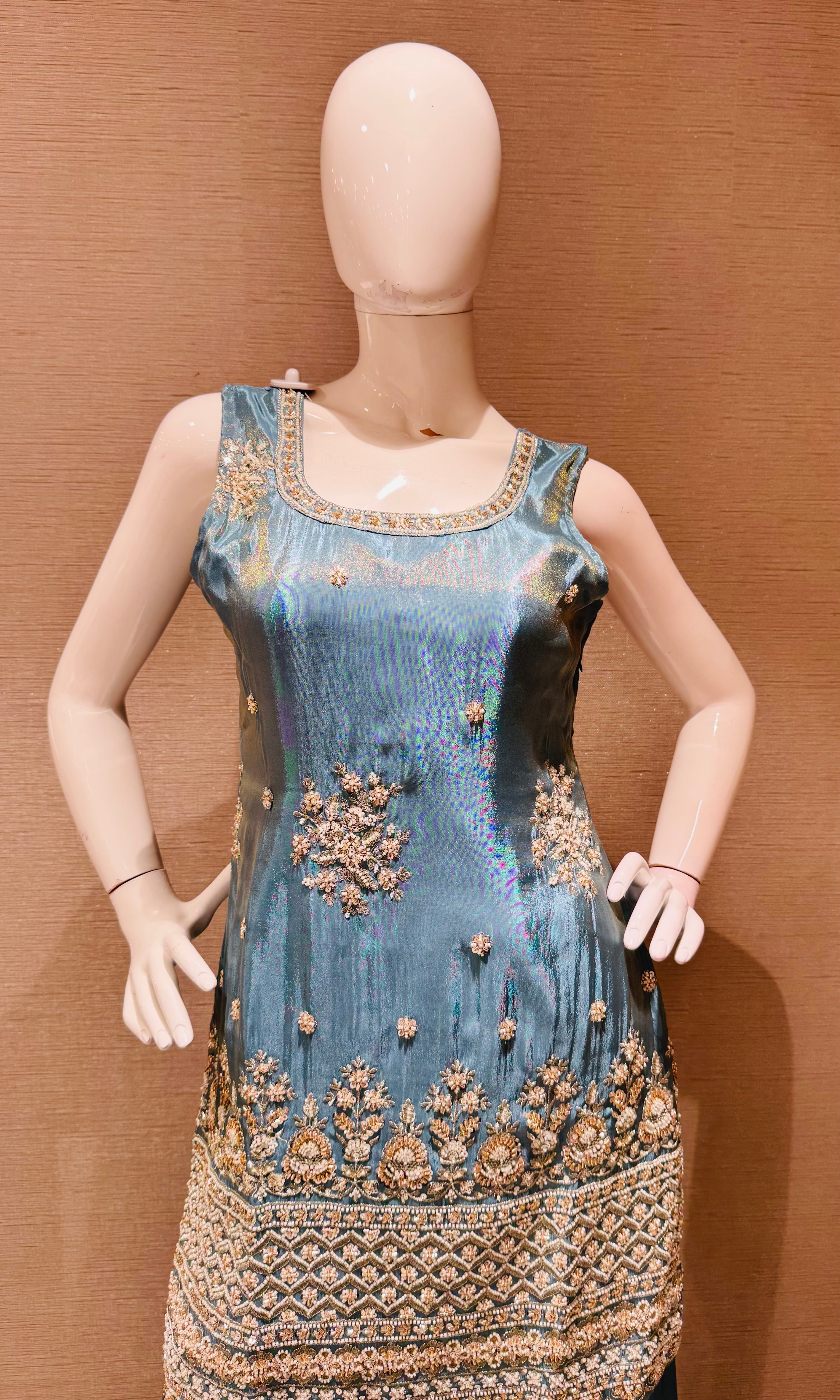 Blue shimmer tissue embroidered sharara set