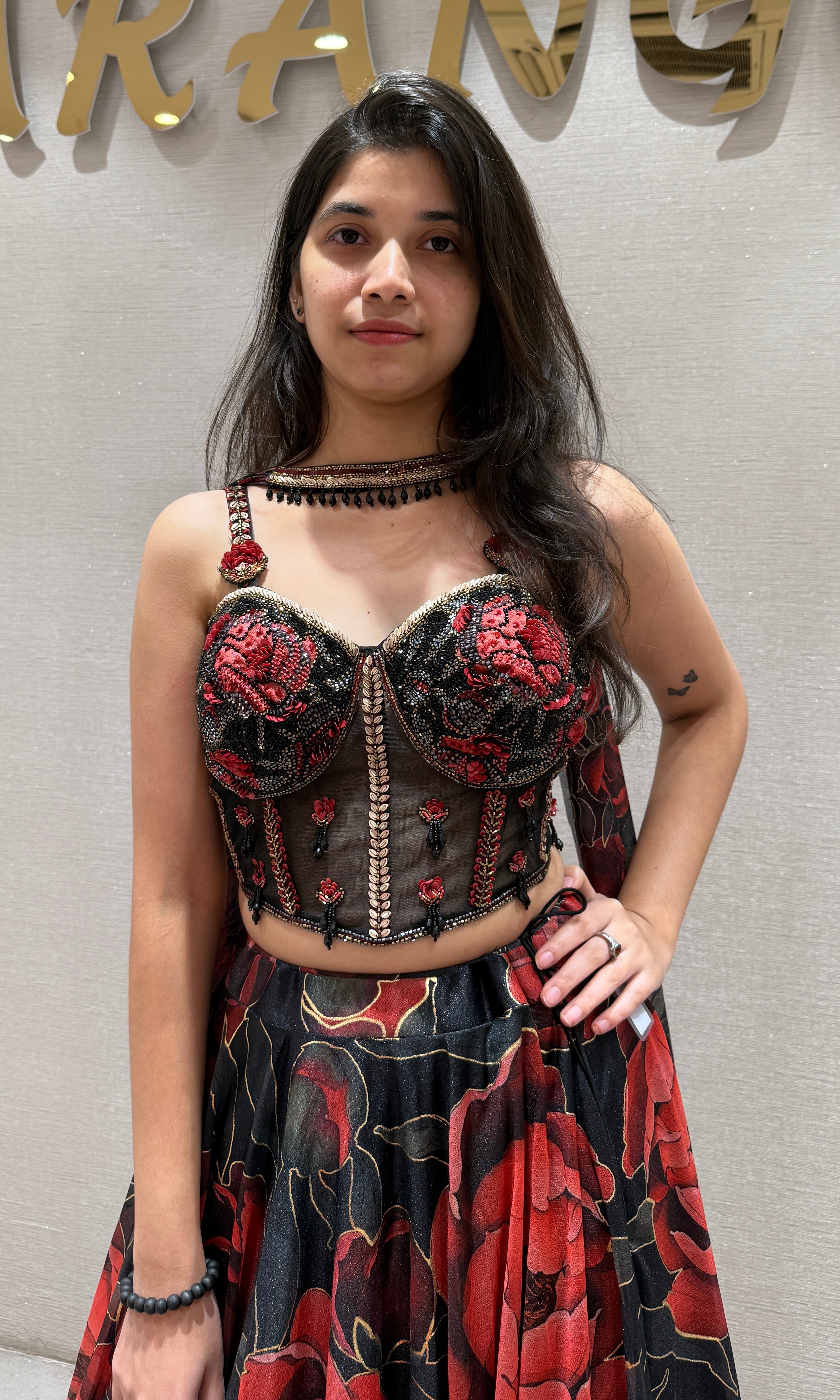 Black Red Floral Printed Lehenga Set