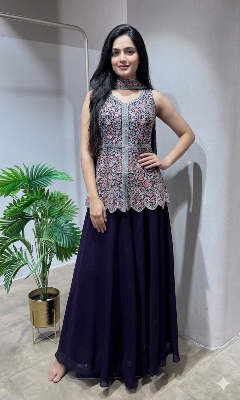 PURPLE EMBROIDERY PEPLUM PALAZZO SET