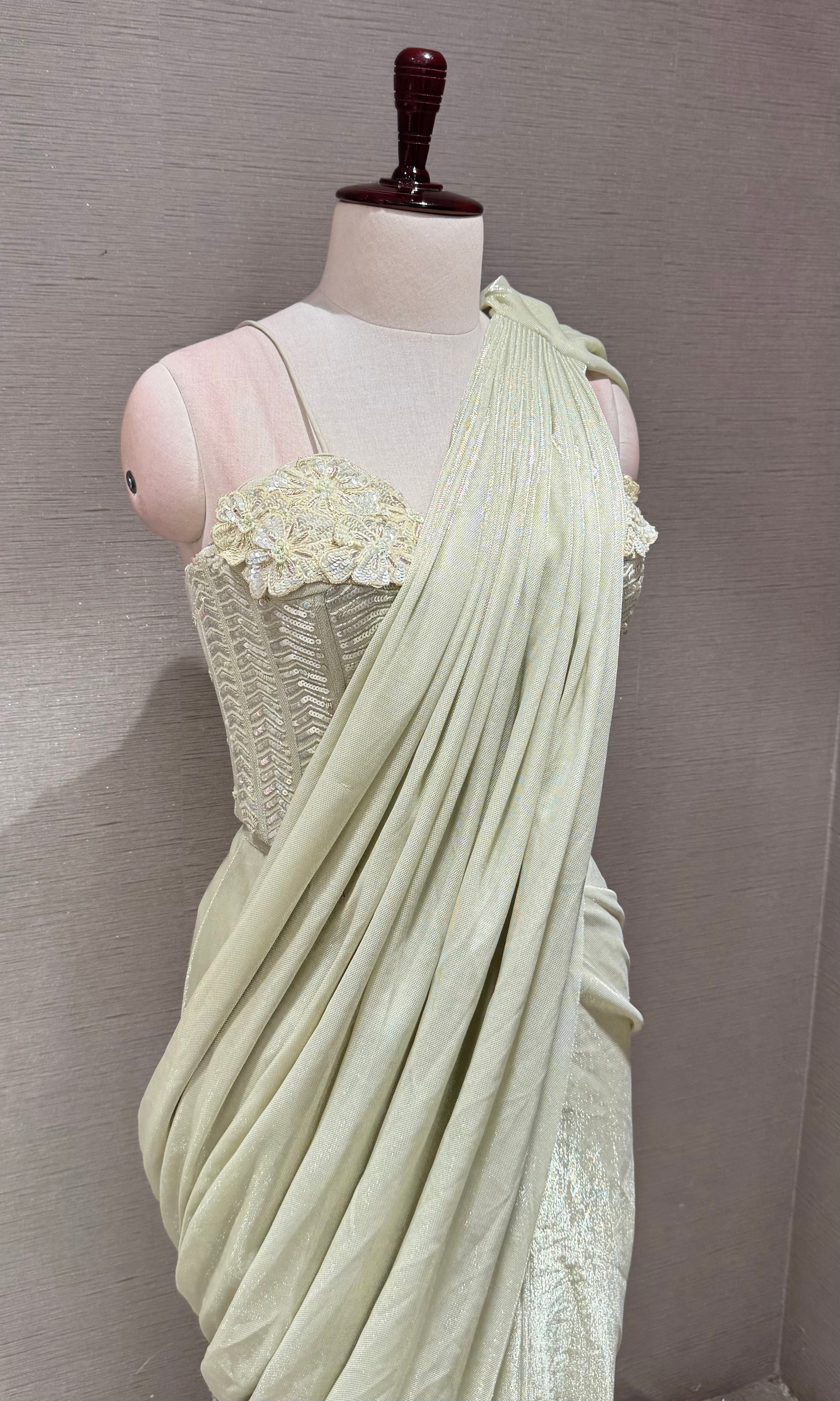 Pista green Pleated Drape Saree with corset blouse