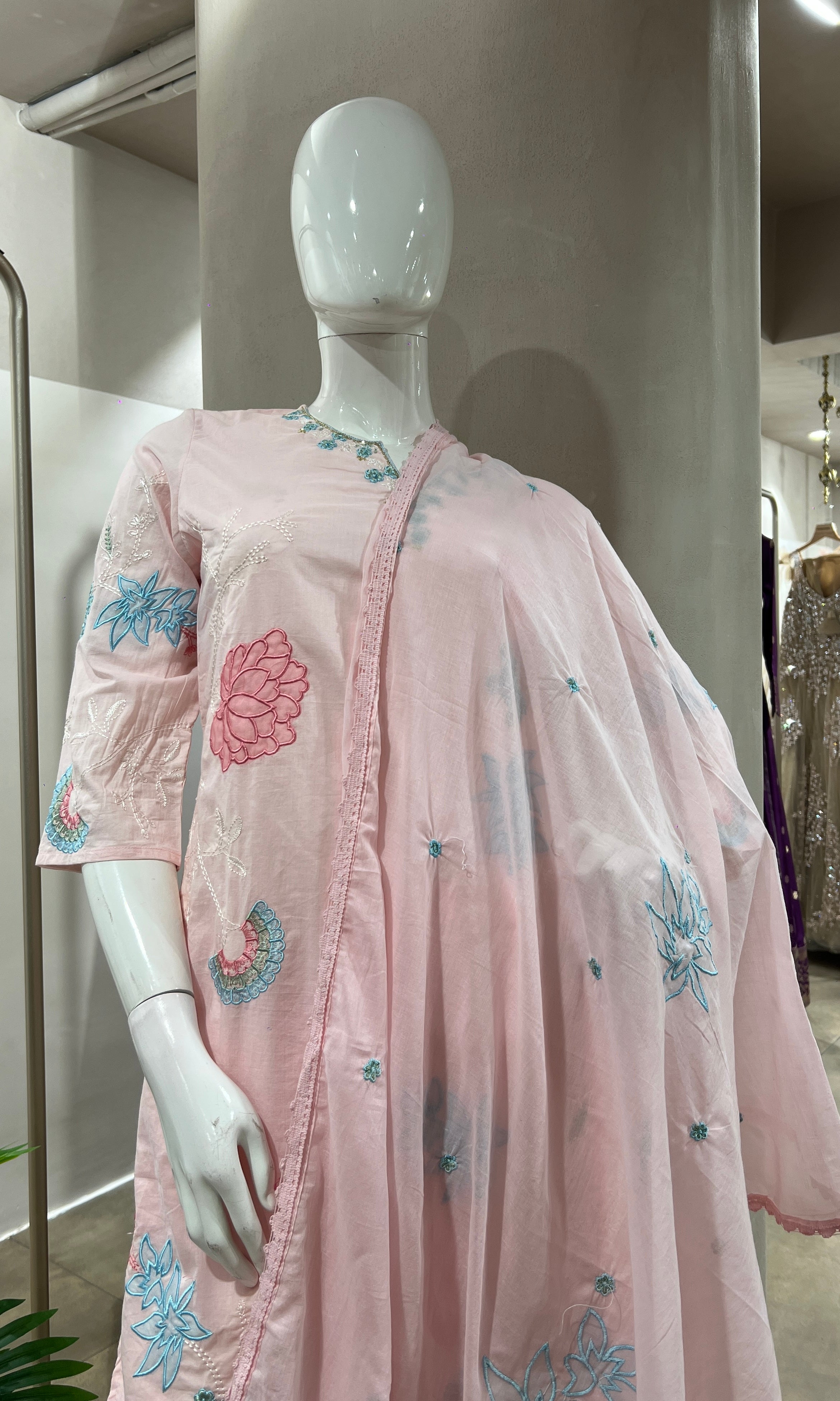 PINK FLORAL MOTIFS COTTON KURTA SET