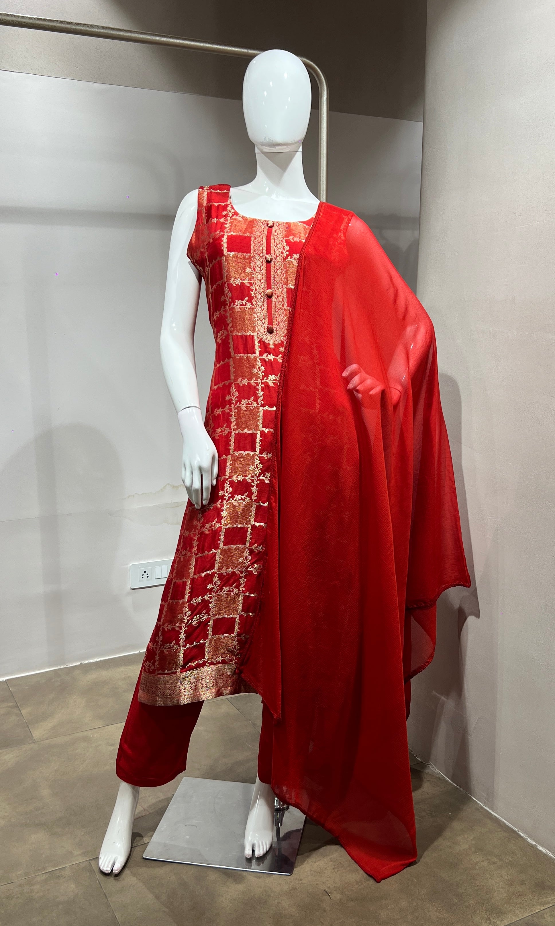 red Silk Embroidered Zari Kurta Set