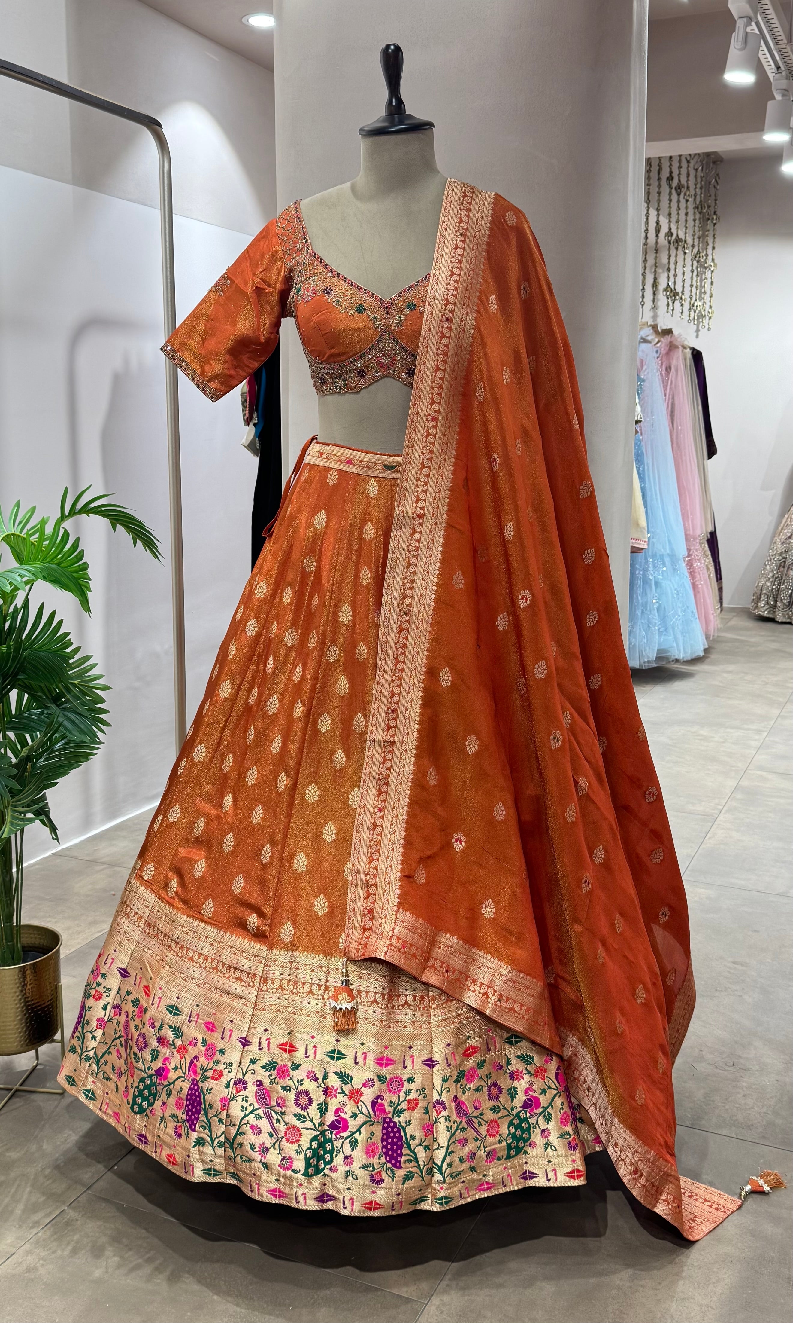 RUST BANARASI EMBROIDERED LEHENGA