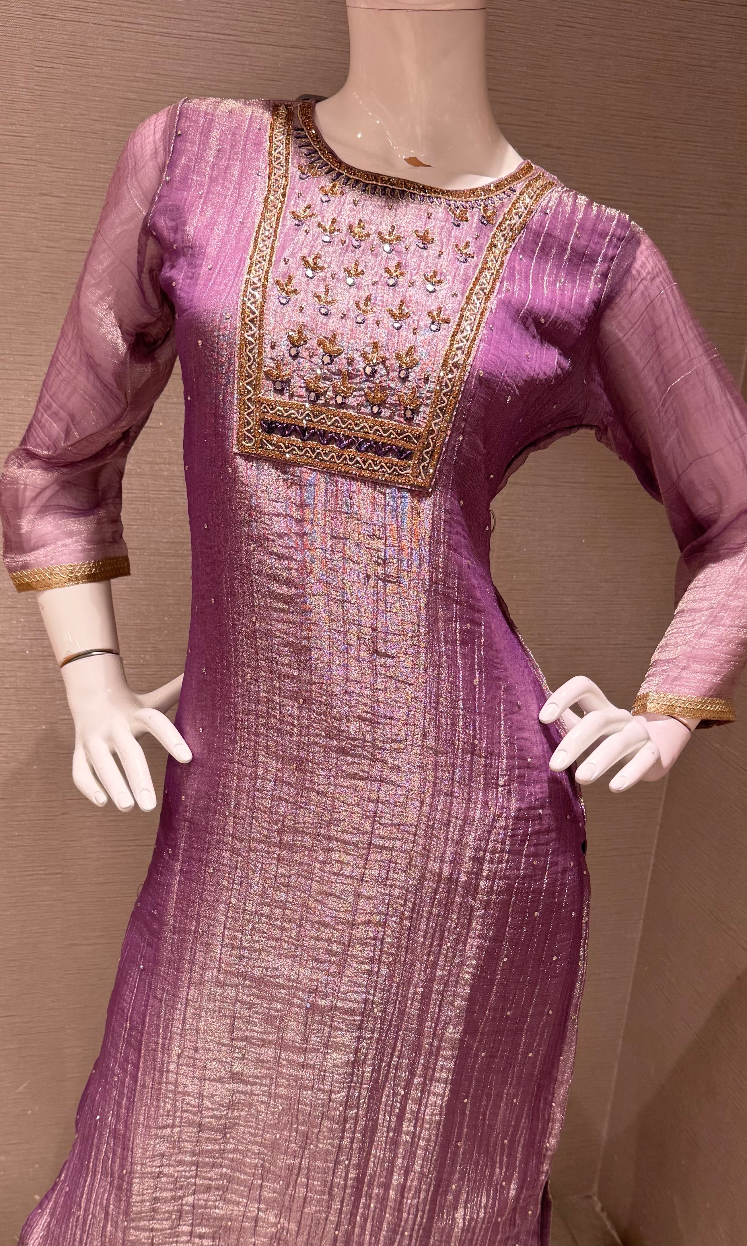Lavender Tissue silk Salwar Kurta set with Gold Embroidery