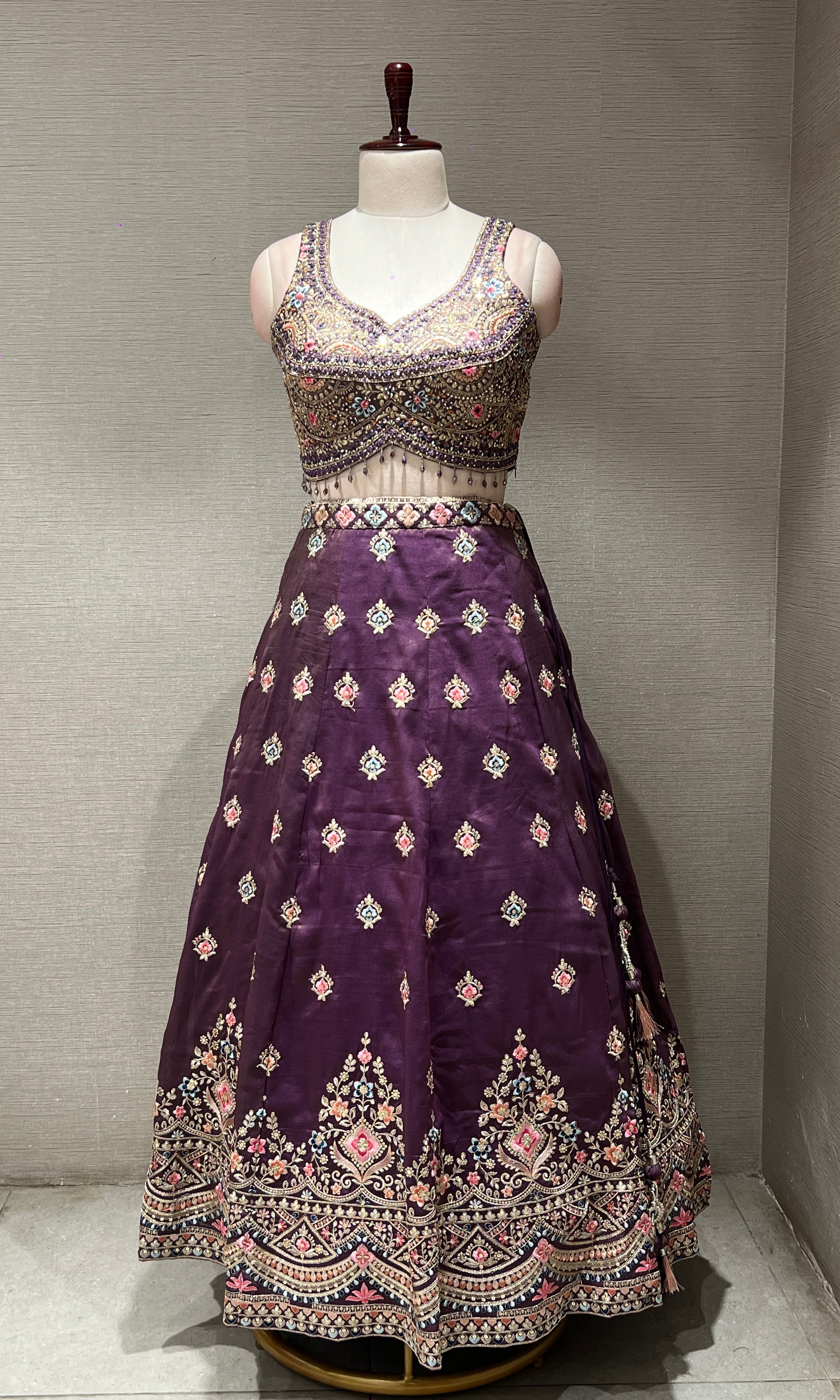 Lilac multicolour intricate embroidered Lehenga