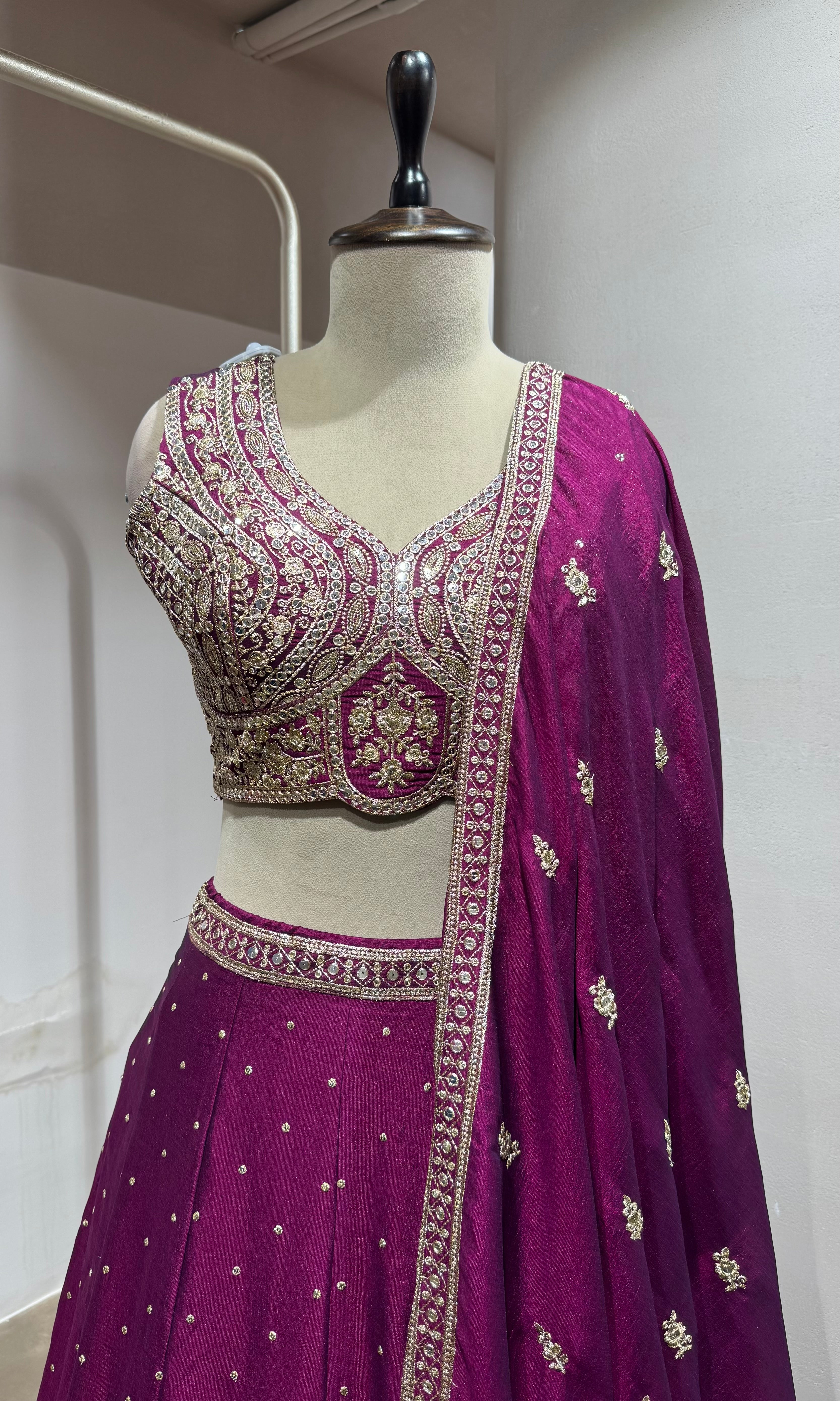Wine Floral Intricate Embroidery Lehenga