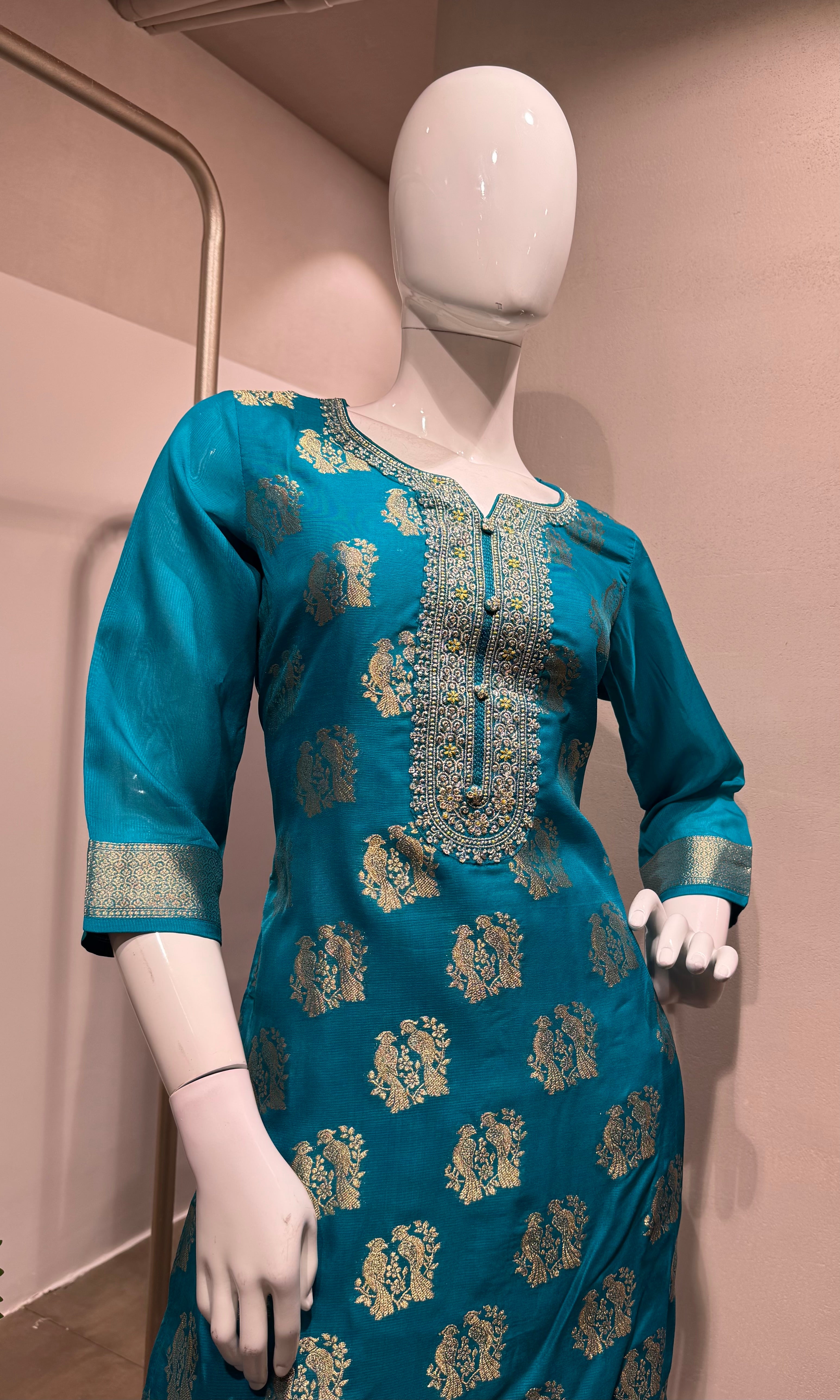 Rama Blue Silk embroidered kurta set