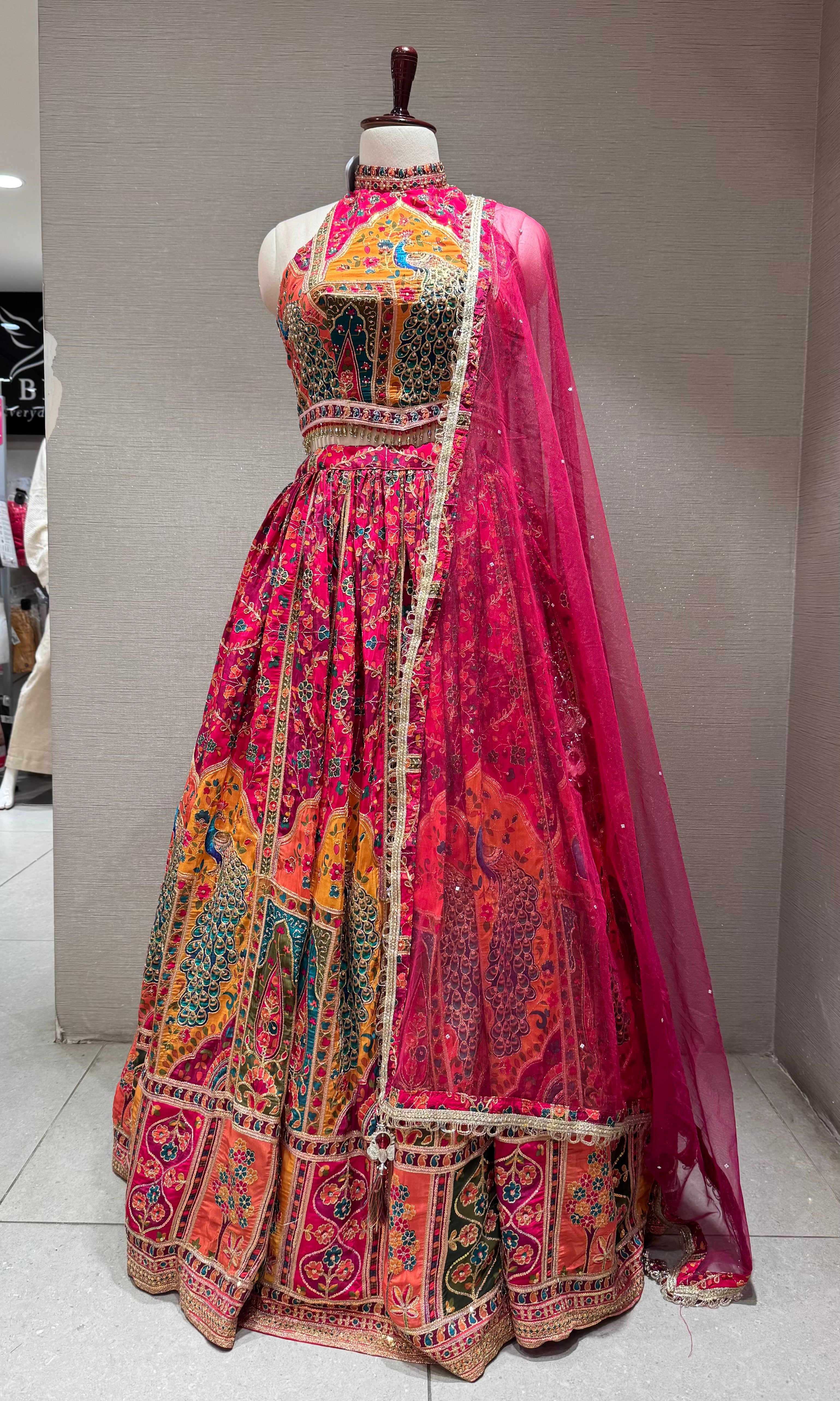 pink Mayur Pichwai halter neck Lehenga set