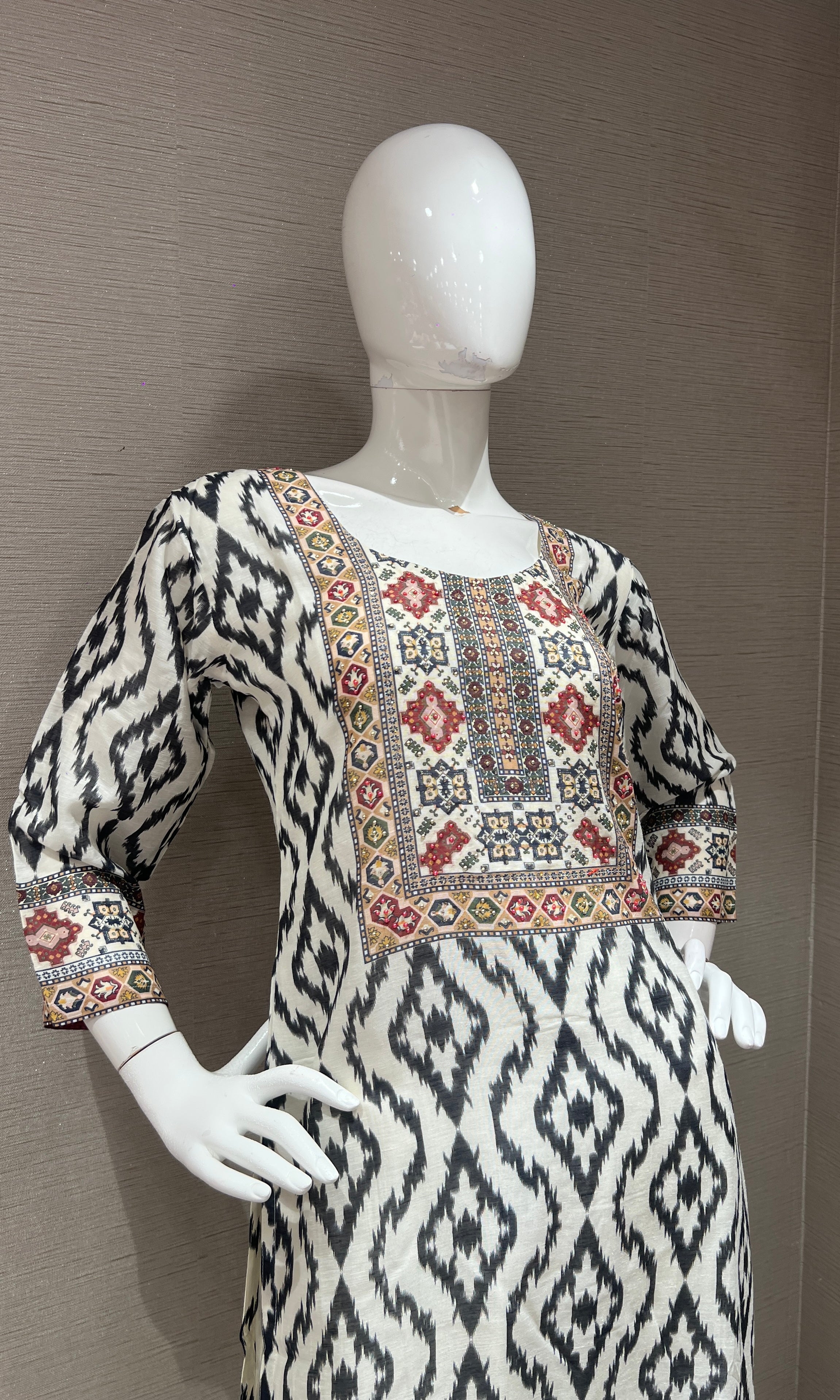 Black & White Geometric Kurta with Printed Dupatta