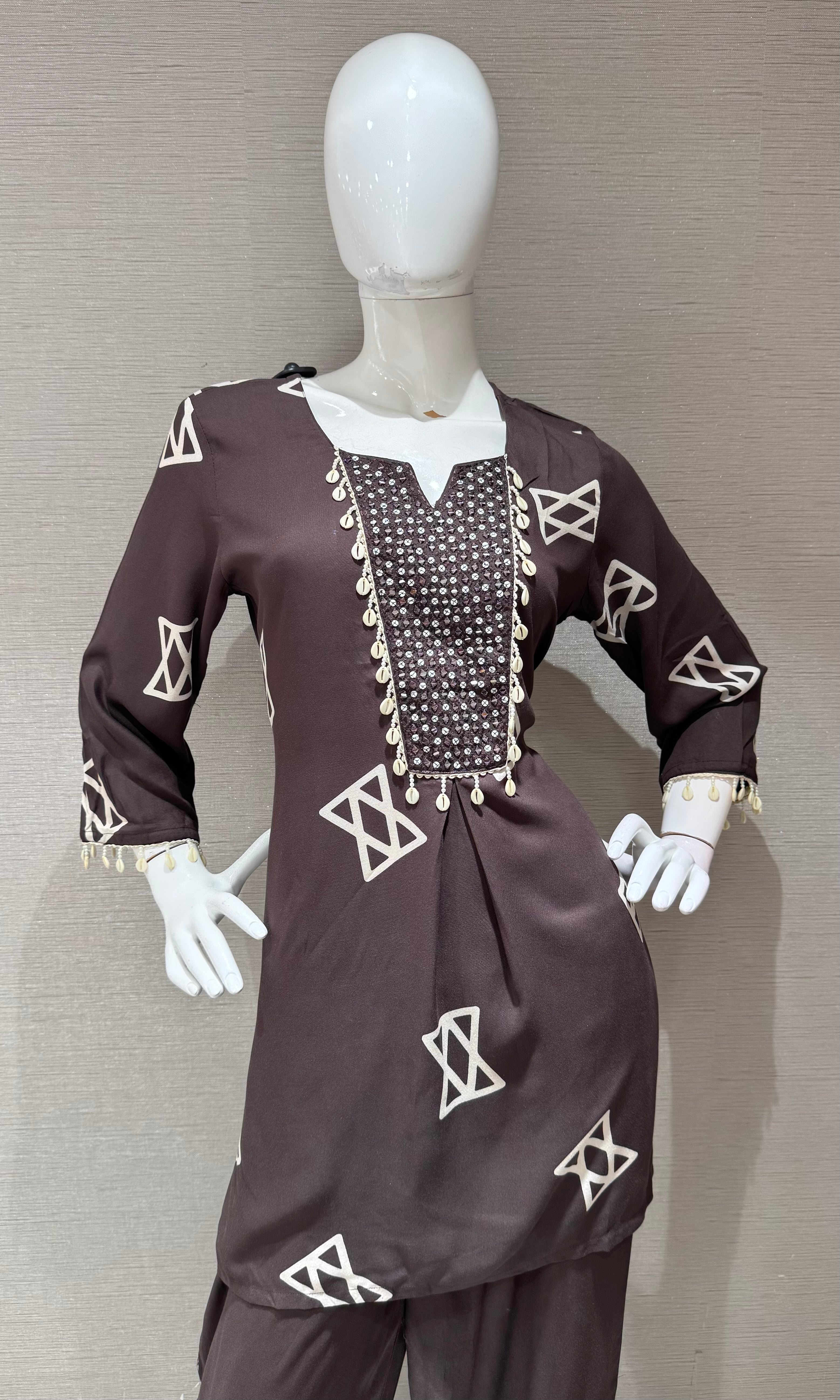 Brown Geometric Print Ethnic Co-Ord Set