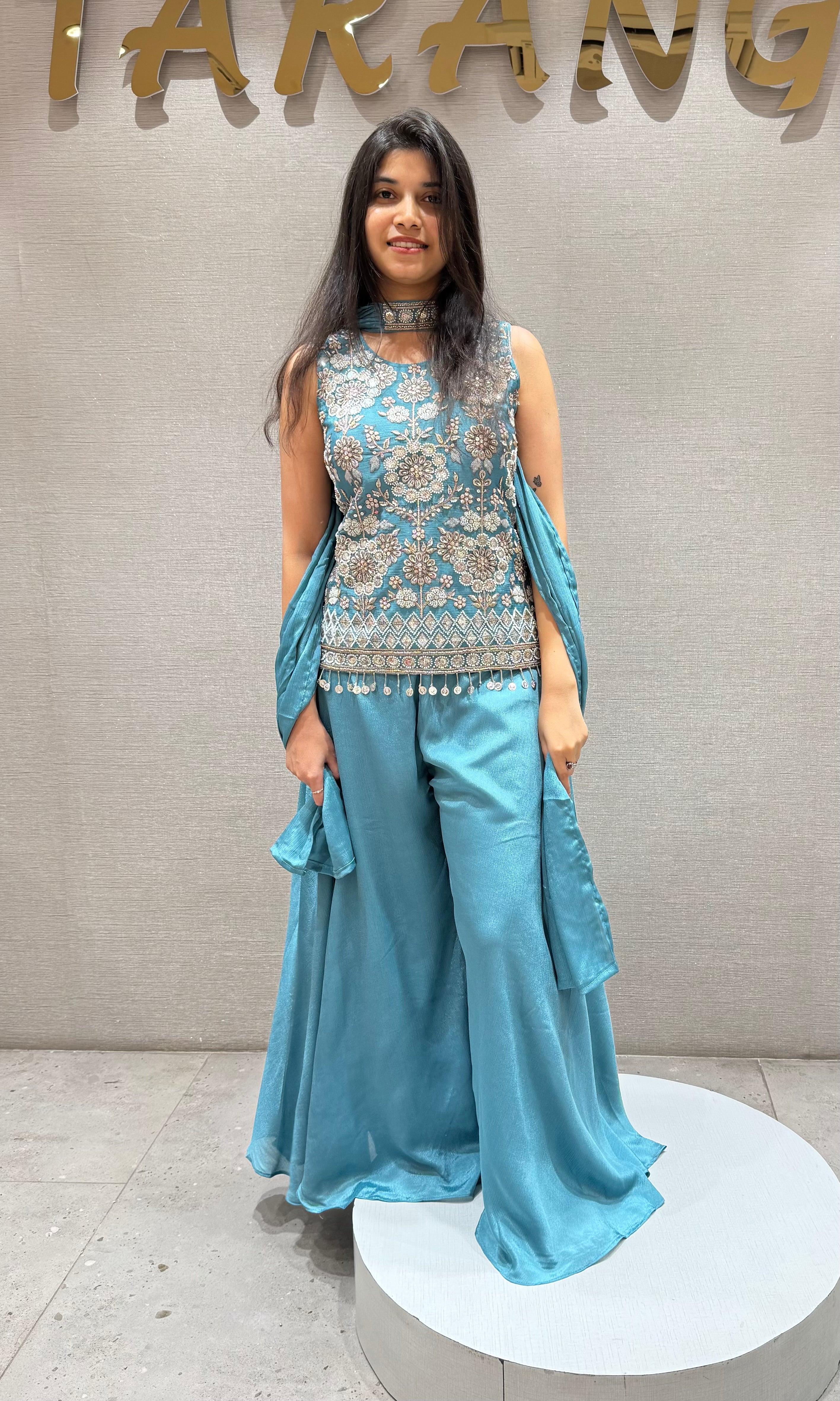 Sea Blue Embroidered Palazzo Set