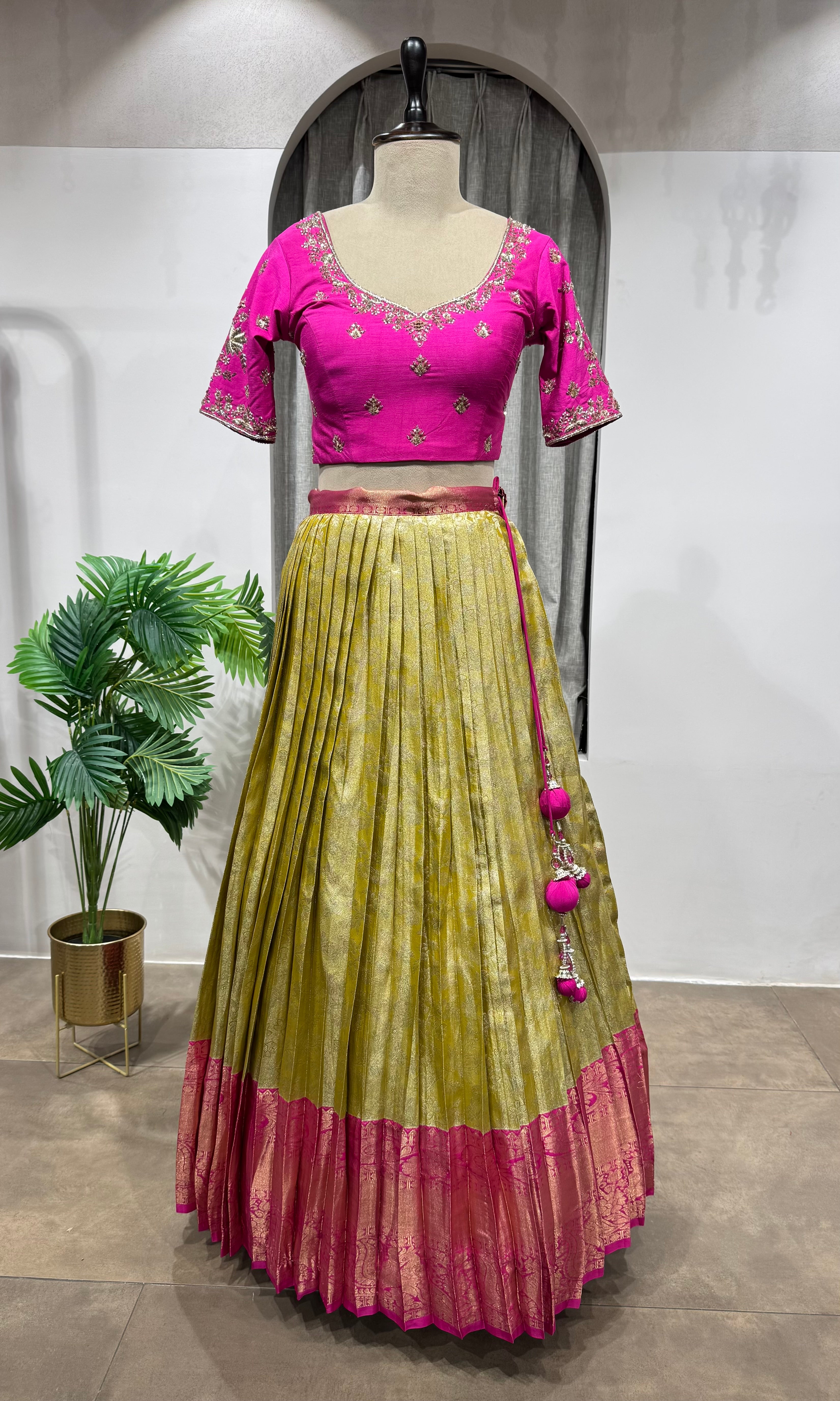 RANI PINK and gold silk BANARASI LEHENGA
