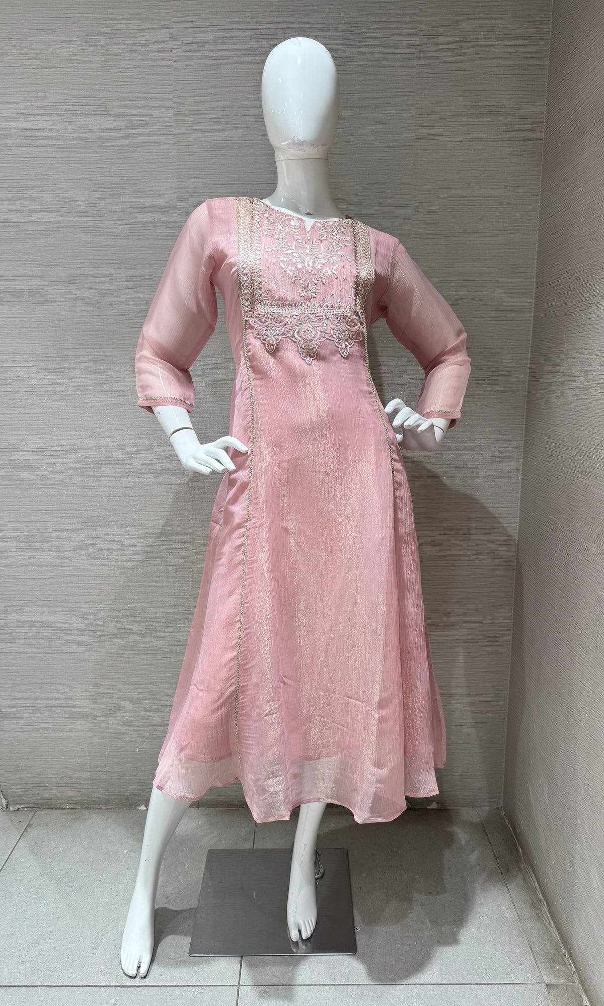 Onion Pink A Line Kurta top with Silver Embroidery