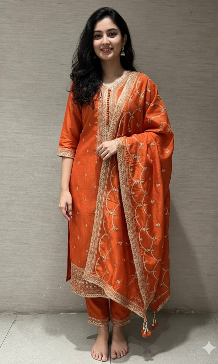 Orange golden embroidered kurta set