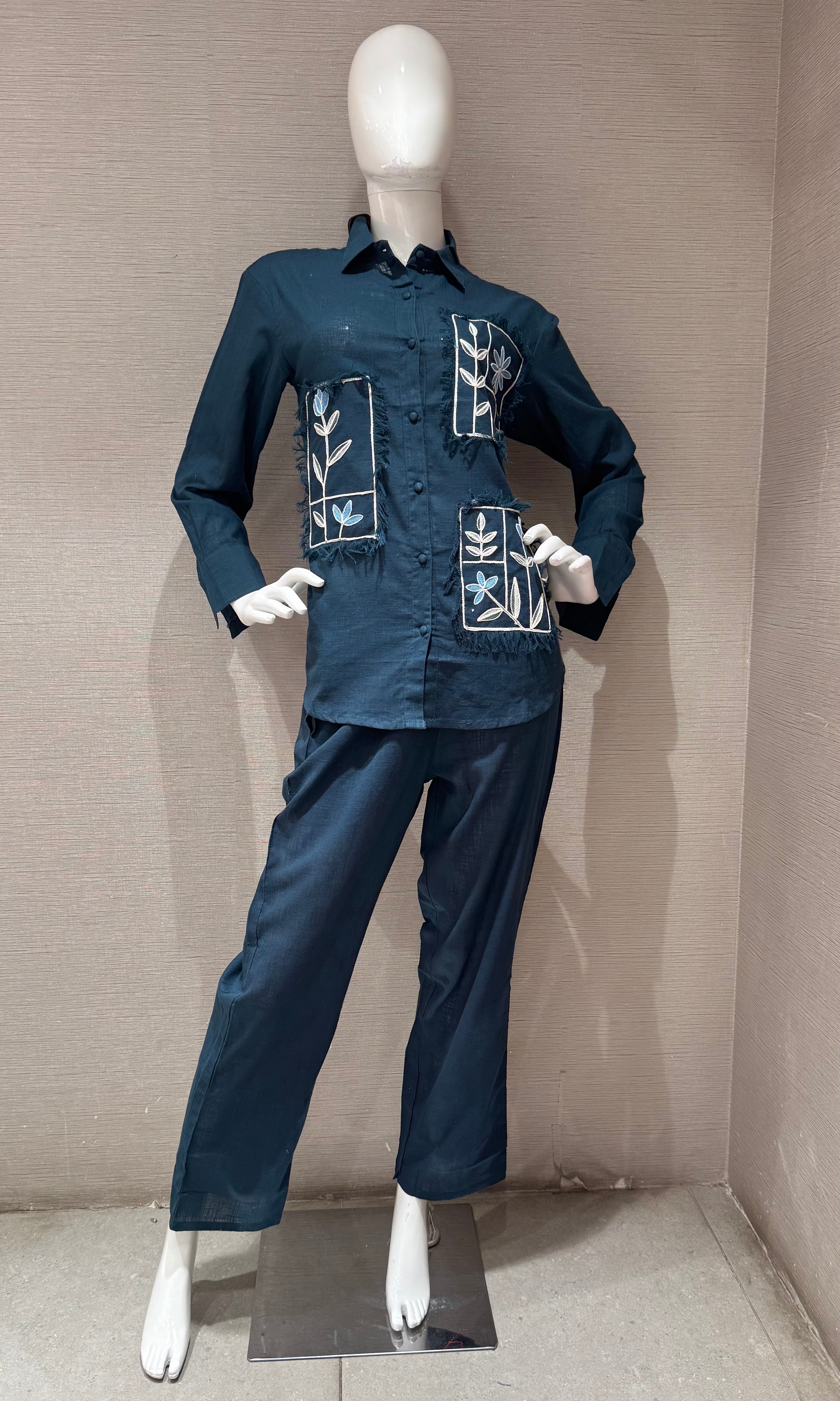 Green cotton embroidery work short cord set