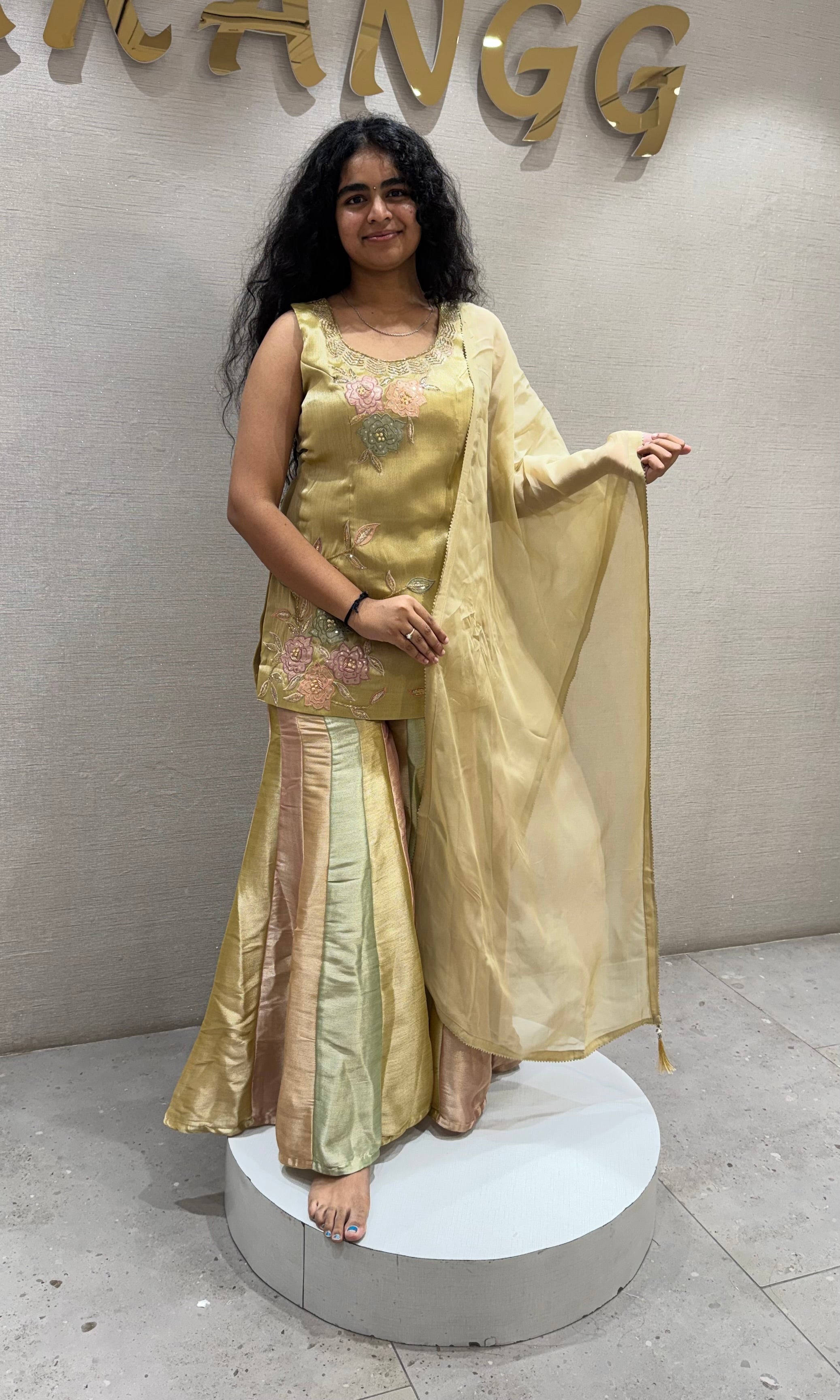 GOLD Tissue Silk Sharara with Floral Embroidery