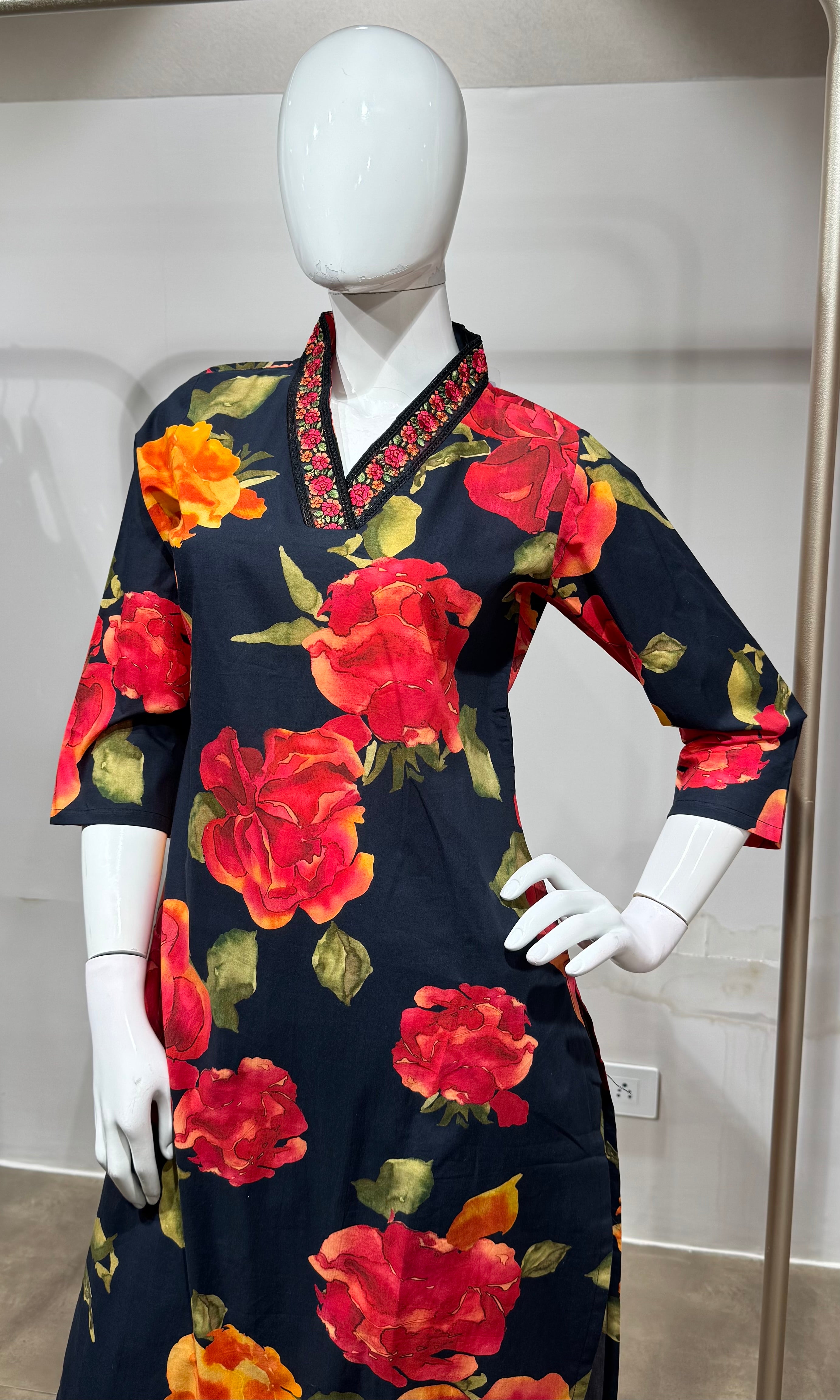 black red and orange floral prints Kurta set