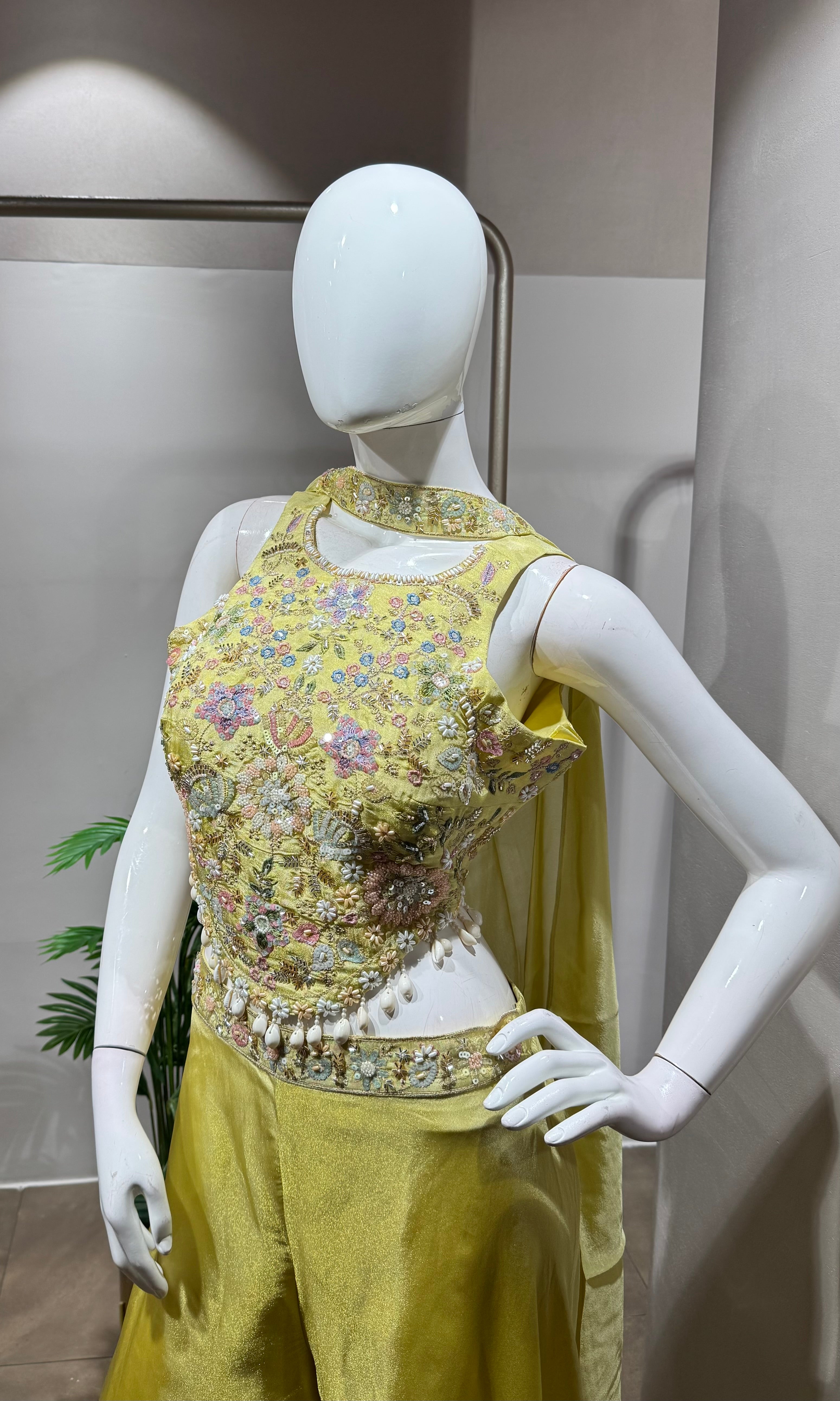 Lime YELLOW Silk Palazzo set with Scalloped Tassel