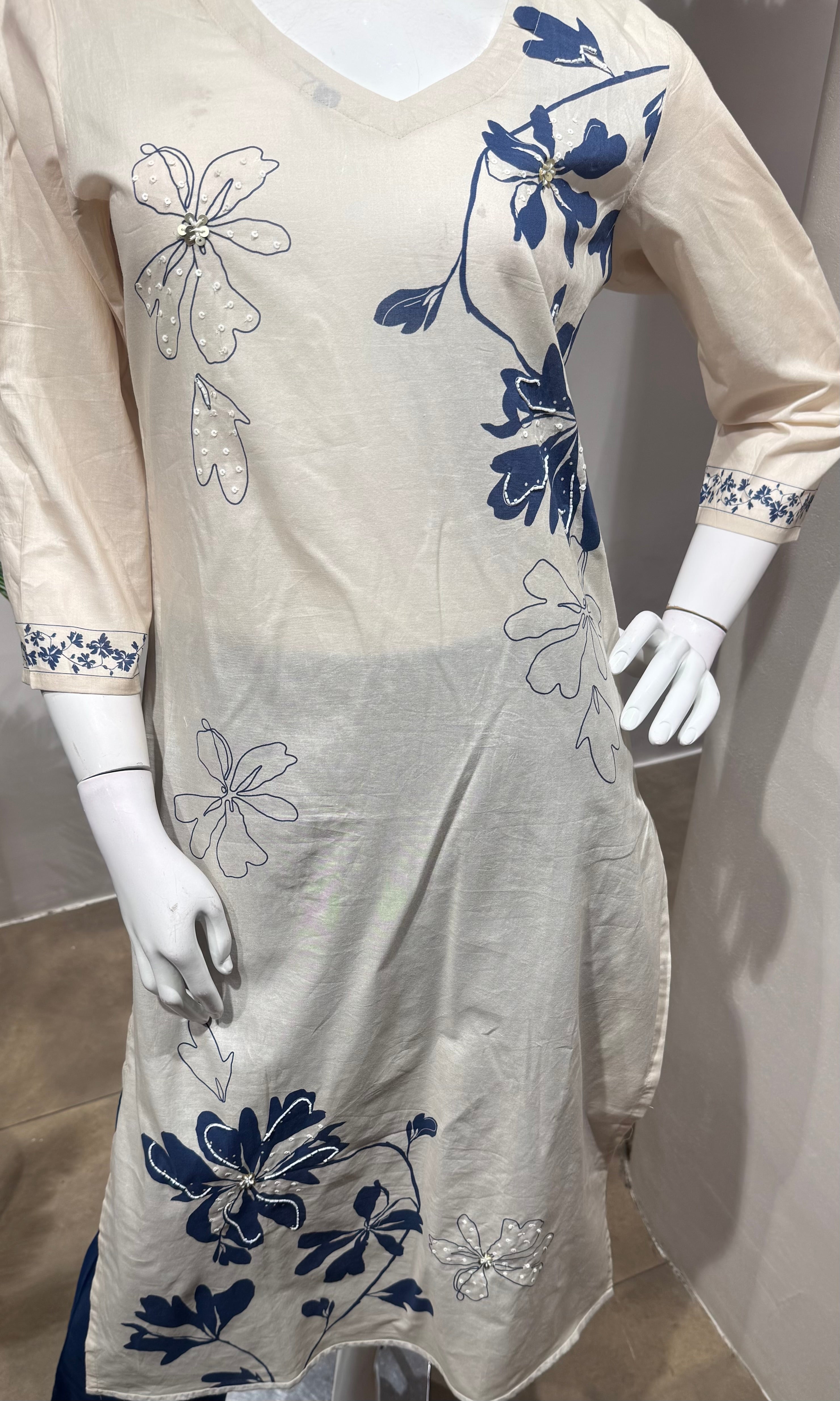 CREAM floral print straight-cut kurta set