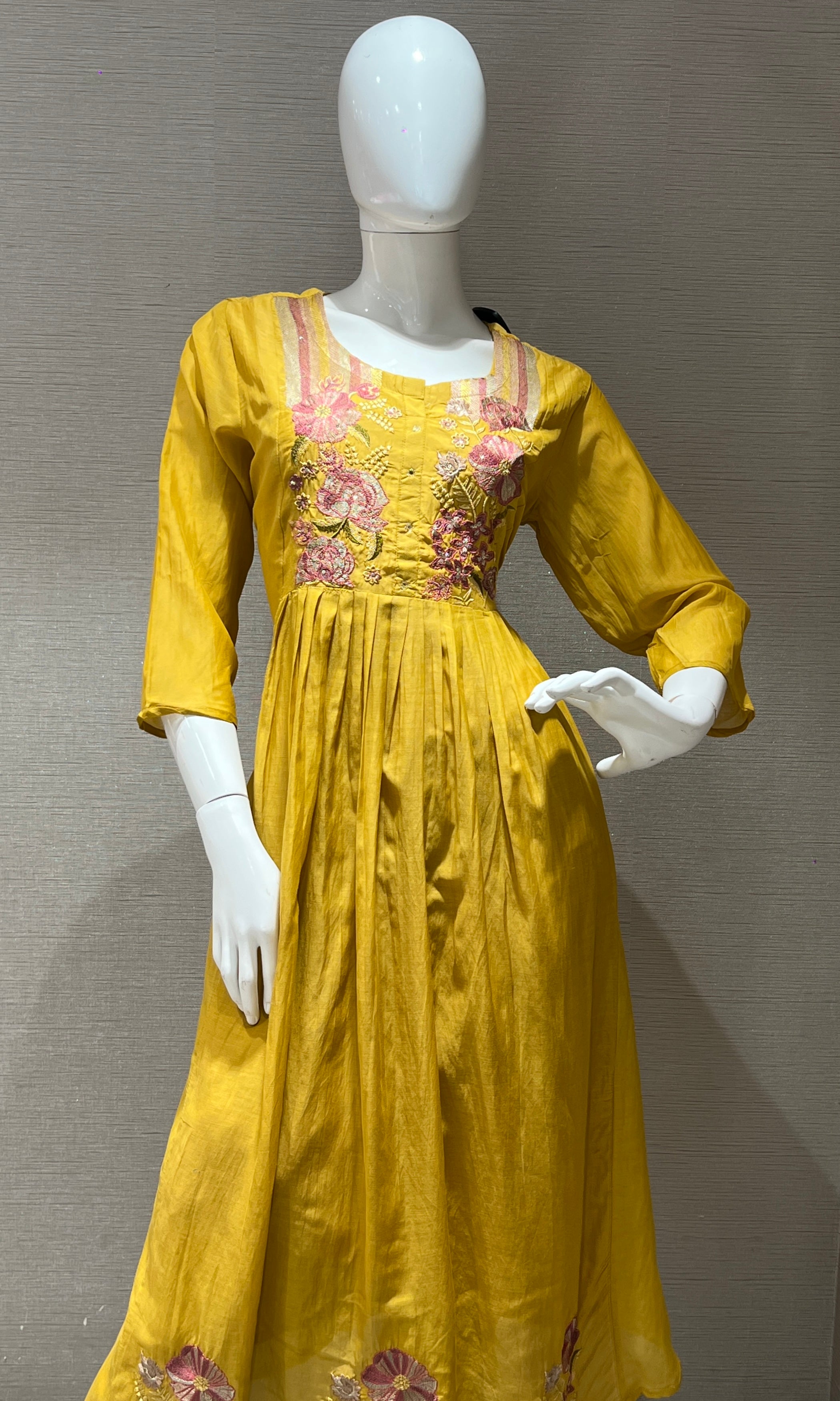 Yellow Mul Chanderi A-line  Kurta set